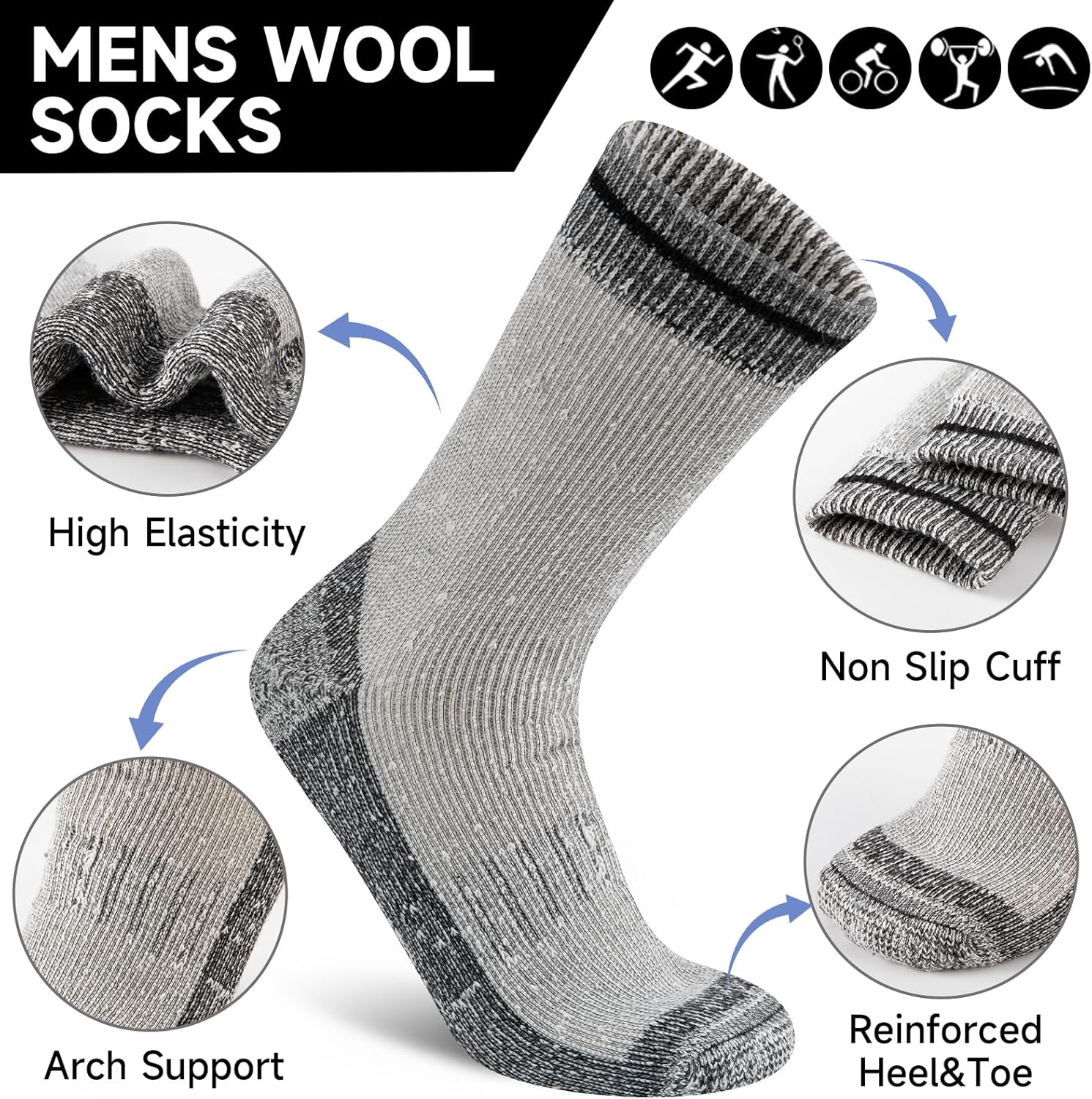 COOPLUS Merino Wool Hiking Socks for Men Thick Thermal Warm Crew Winter Mens Work Boot Socks 4 Pairs - Image 2
