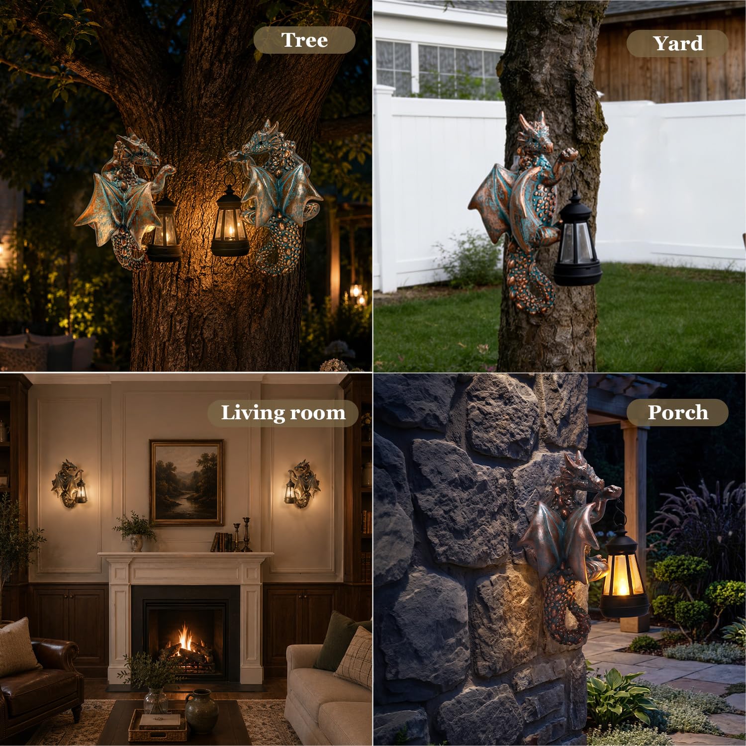 Yeomoo Lámpara solar de dragón para exterior, resistente a la intemperie, figura de dragón de resina, decoración de jardín, figuras de dragón colgante con LED para árboles y vallas, regalo para