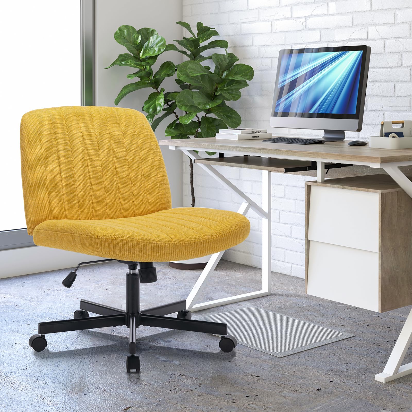 COLAMY Wide Office Chair, Padded Armless Task VanityChair Swivel Home Office Desk Chair 115°Rocking Mid Back Ergonomic Computer Chair for Home Working, Make Up, Gaming (With Wheels, Yellow) — image 1