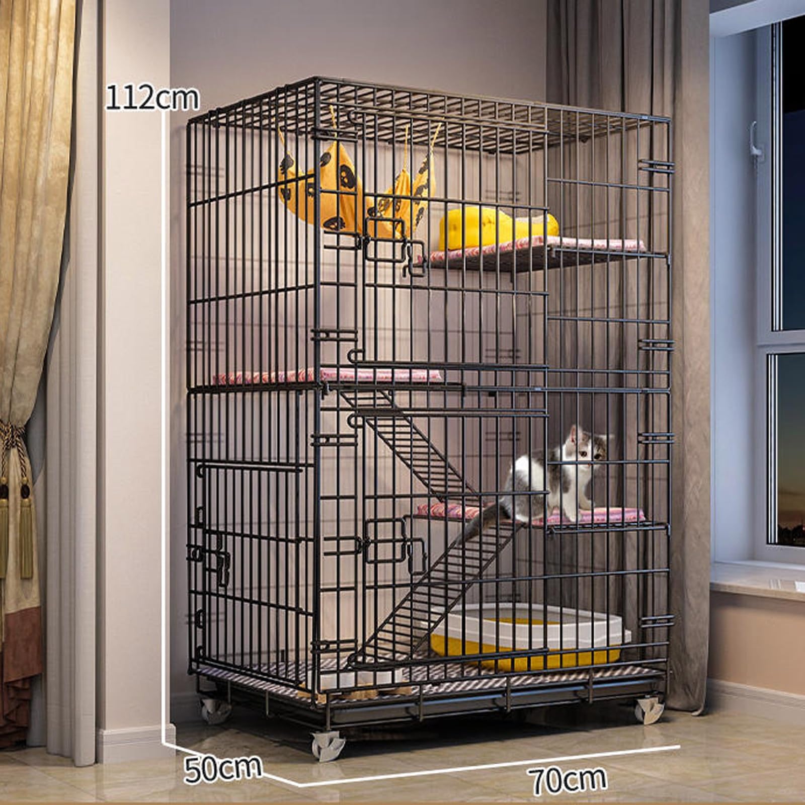 Gabbia per gatti da interno con lettiera, gabbia pieghevole in filo metallico per animali domestici, portatile, con ruote e amaca inclusi