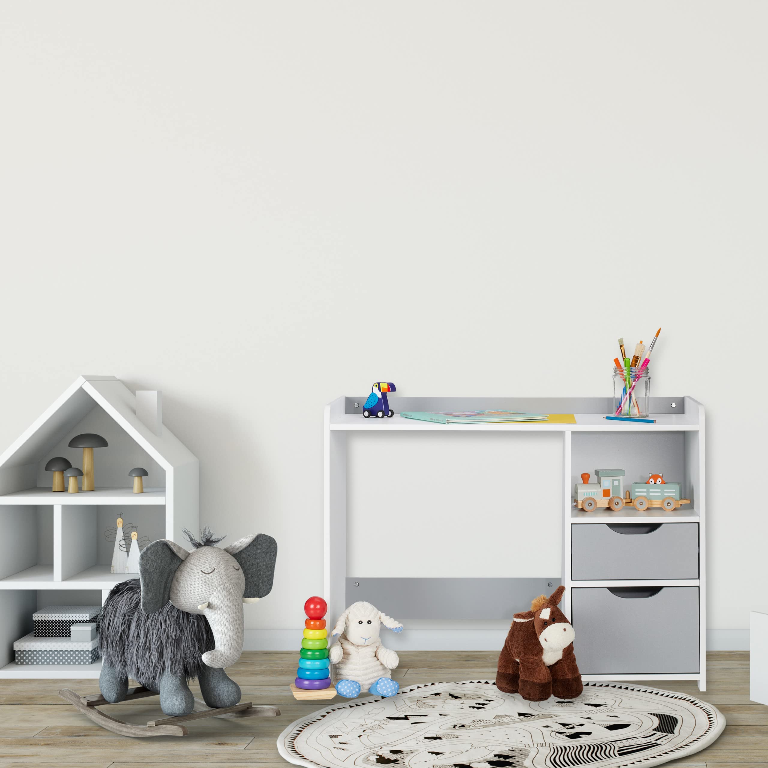 Relaxdays Scrivania per Bambini, 2 Cassetti, Ripiano Aperto, Tavolo per Scolari, HxLxP 60x80x38 cm, MDF, Bianco Grigio