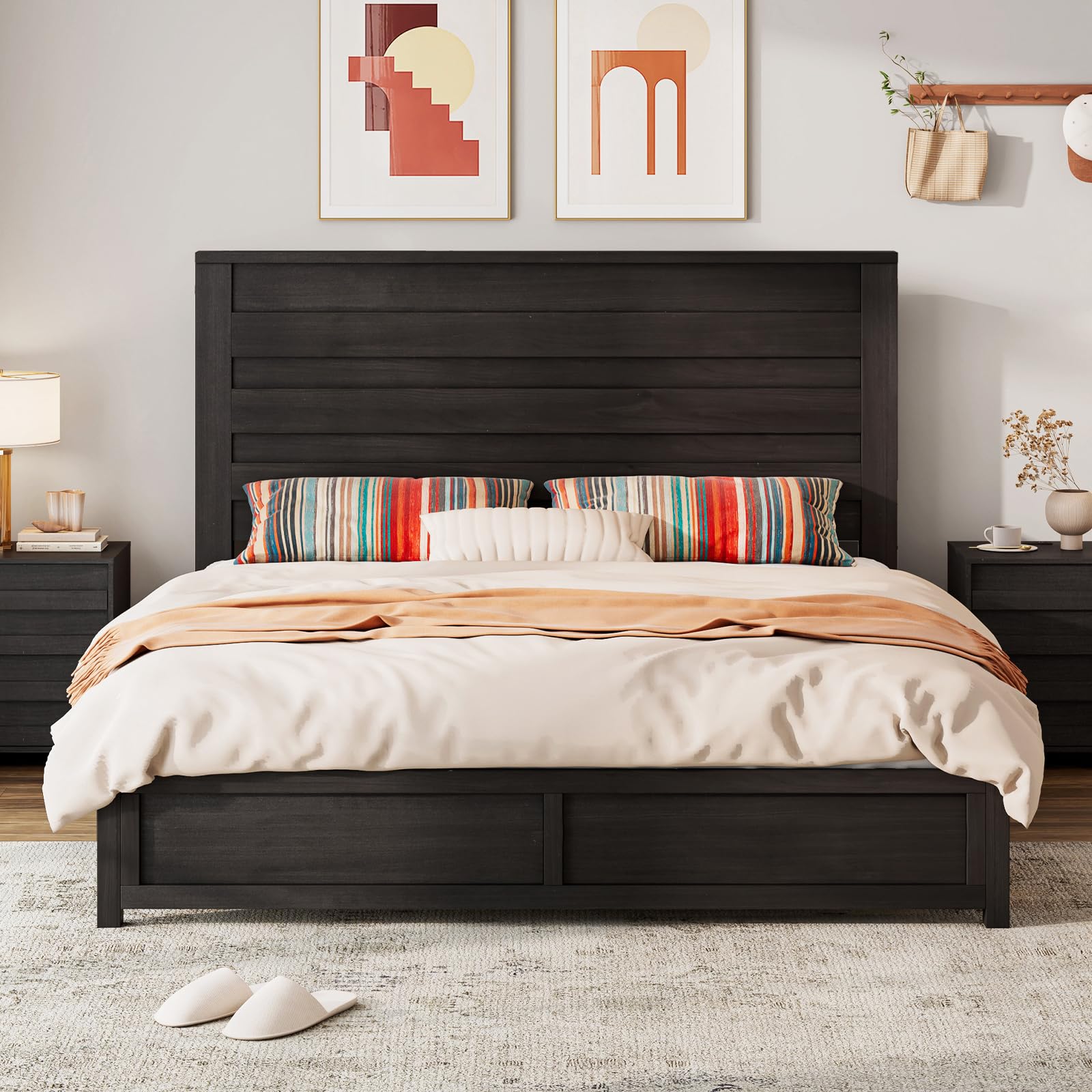 LUXOAK Farmhouse Full Bed Frame with 49" Tall Headboard, Wooden Platform Bed with Hidden Metal Bed Frame, No Box Spring Needed/Noise Free, Black