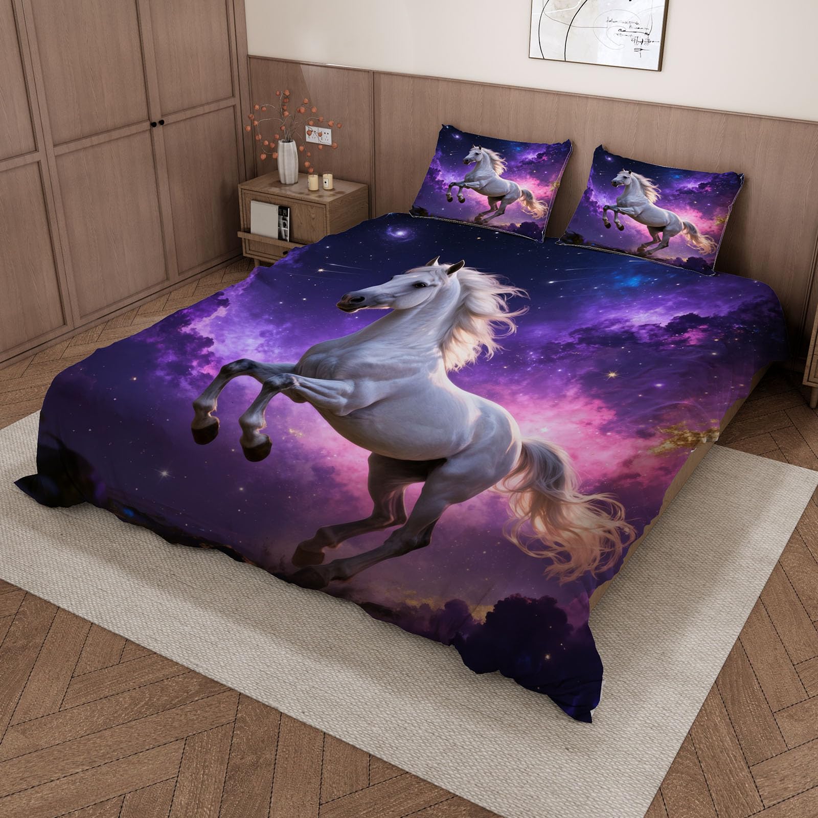 Wendebettwäsche Pferd 220x240 3teilig mit 2 Kissenbezug 80x80（WJT 4-1） | Sommer Bettwäsche Sternenhimmel Bettbezüge Set mit Reißverschluss Weich Mikrofaser Winter Bettwaren