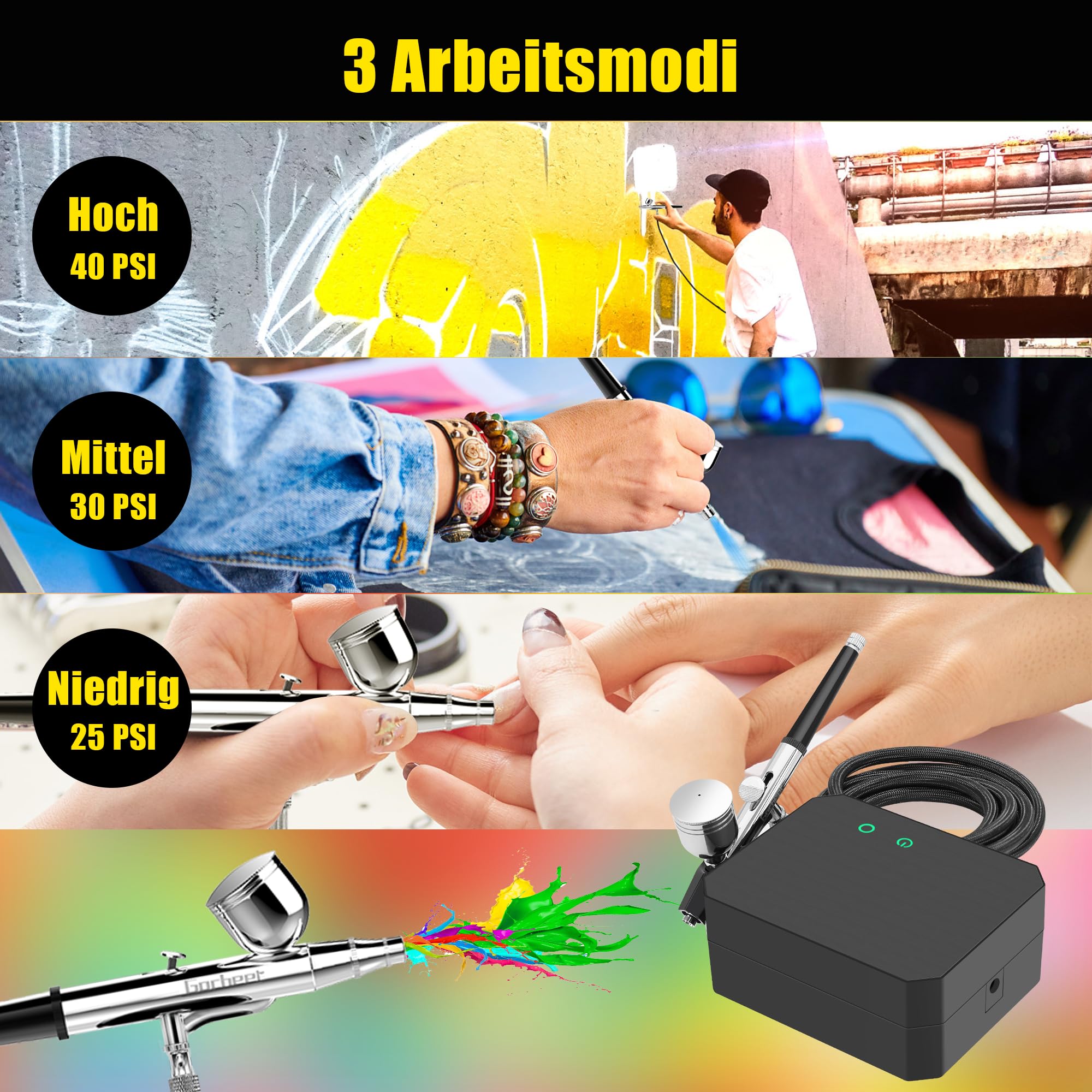 Gocheer 40 PSI Airbrush Set Mit Tragbarem Kompressor - Dual Action Multi-Funktion Für Kuchendekoration, Makeup, Kunsthandwerk, Nageldesign, Tattoo-Modellierung, Malerei