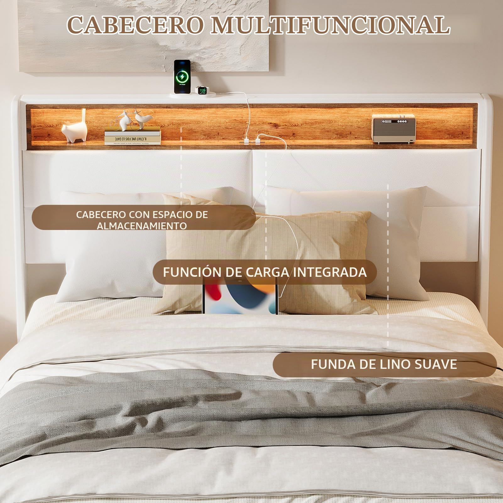 HAUSPROFI Cama Flotante con Almacenamiento, Luces LED y Cabecero con Espacio de Almacenaje, Acabado en Lino, Somier Estable, Colchón No Incluido (Blanco, 180 x 200cm)