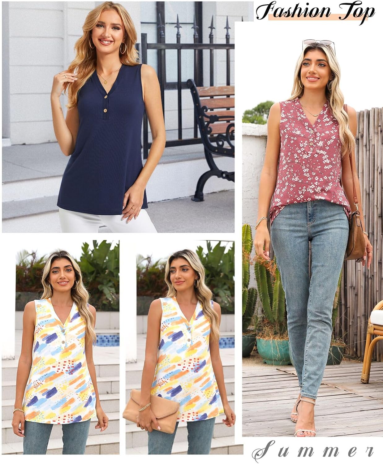 BISHUIGE Womens Henley Tunic Tops Button Up T-Shirts Sleeveless V-Neck Casual Blouses - Image 5