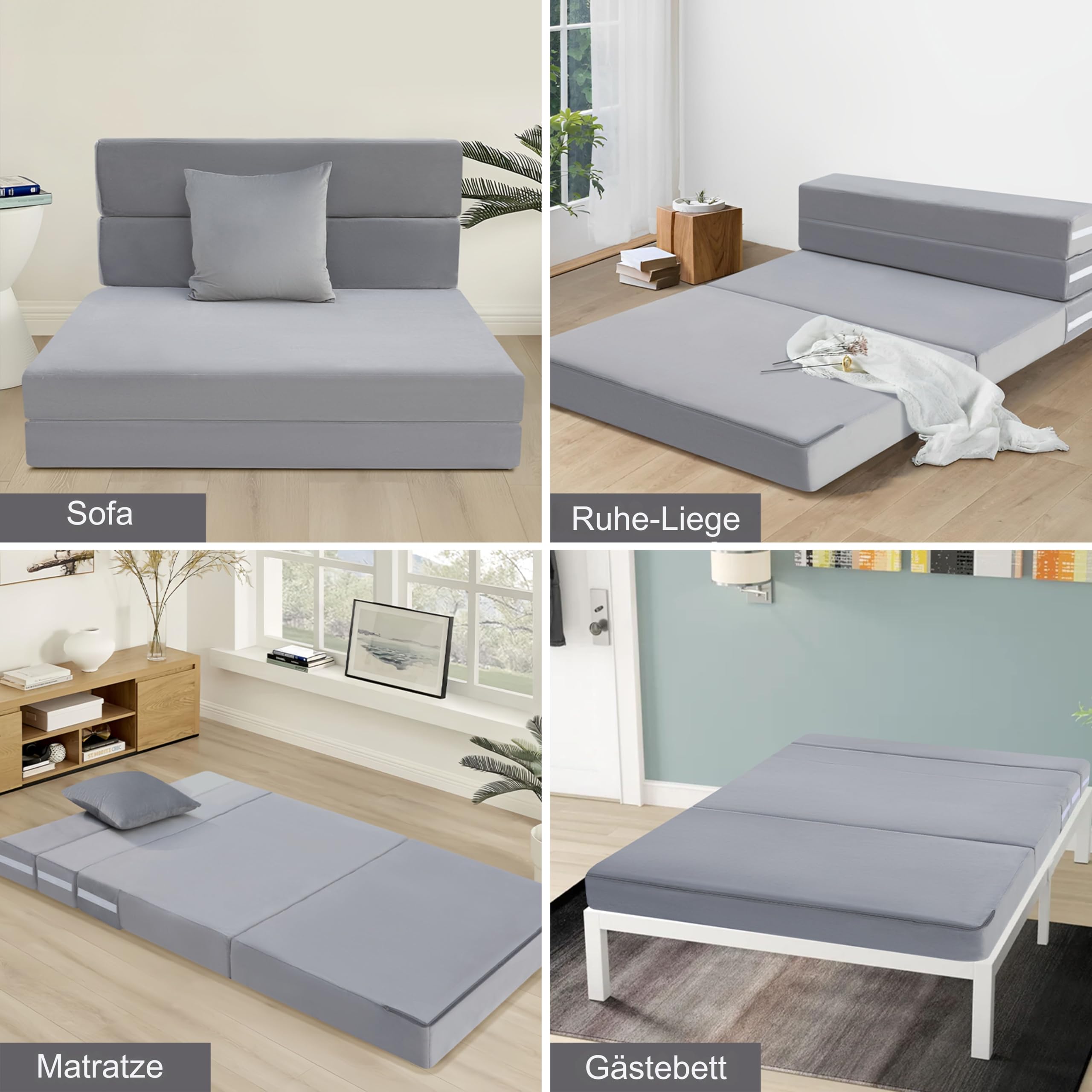 MeMoreCool Faltbare Klappmatratze, Hochdichter Schaumstoff Schlafsofa, Boden-Futon-Matratze, 4-teilige Gästematratze Gästebett Klappbar, Klappmatratze Sessel, Faltmatratze 120x195cm, Hellgrau