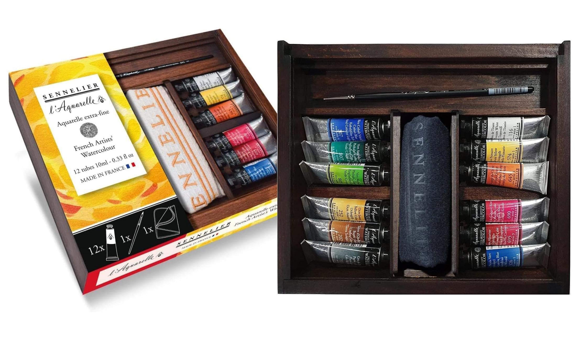 Sennelier Aquarelowe pudełko farby. Zestaw z drewna akwarelowego Extra Fine 12 tubek 10ml i pocztówki