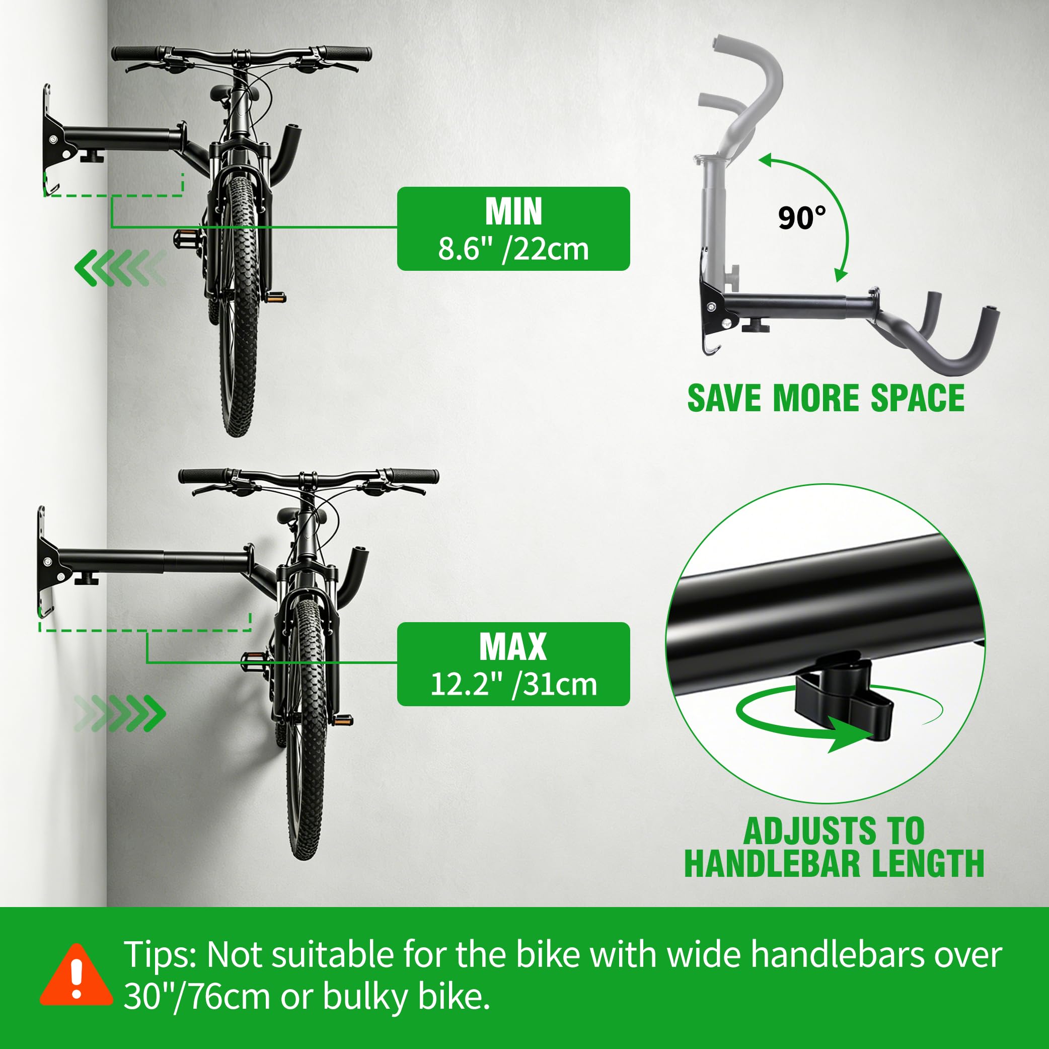 Fahrrad Wandhalterung, Fahrradhalterung Wand bis 25kg Tragfähigkeit, Winkel und Wandabstand Einstellbar, Fahrradaufhängung mit Extra Softe Polsterung für MTB, Rennrad, E Bike
