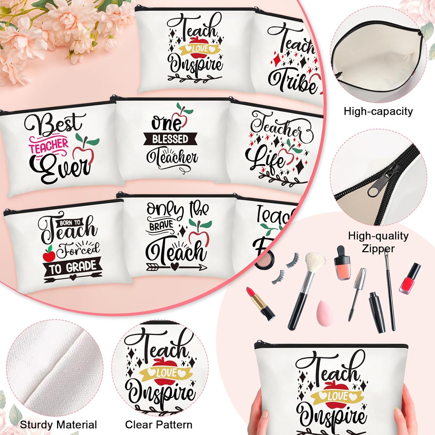 Maxcheck 27 Pcs Teacher Appreciation Gift Set Christmas Teacher Gift Bulk 9 Pcs 16oz Glass Cups with Lid Straw 9 Rainbow Makeup Bag 9 Keychain for Christmas(Classic Style) - Image 4