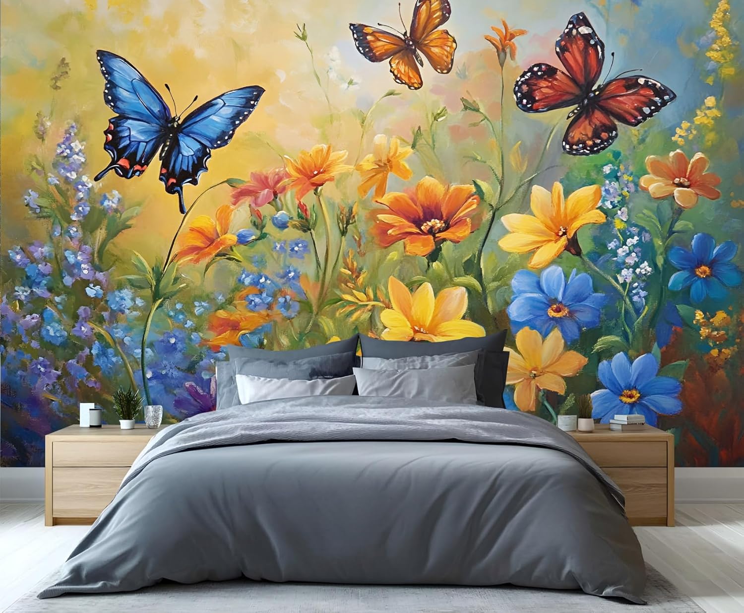Floral Mural Wallpaper, Butterfly Wallpaper for Bedroom, Flower 3D Wall Murals for Living Room (Not Peel and Stick)