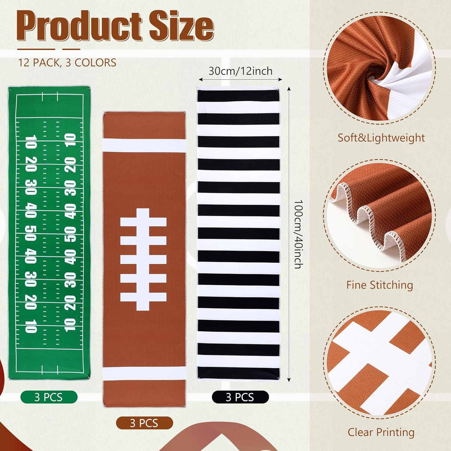 Teenyyou 12 Pcs Football Cooling Towels, 40''x12 Football Breathable Chilly Ice Towel, Ice Microfiber Foot Ball Field Black White Stripe Cooling Rag for Team Coach Gift Sport Party Favors