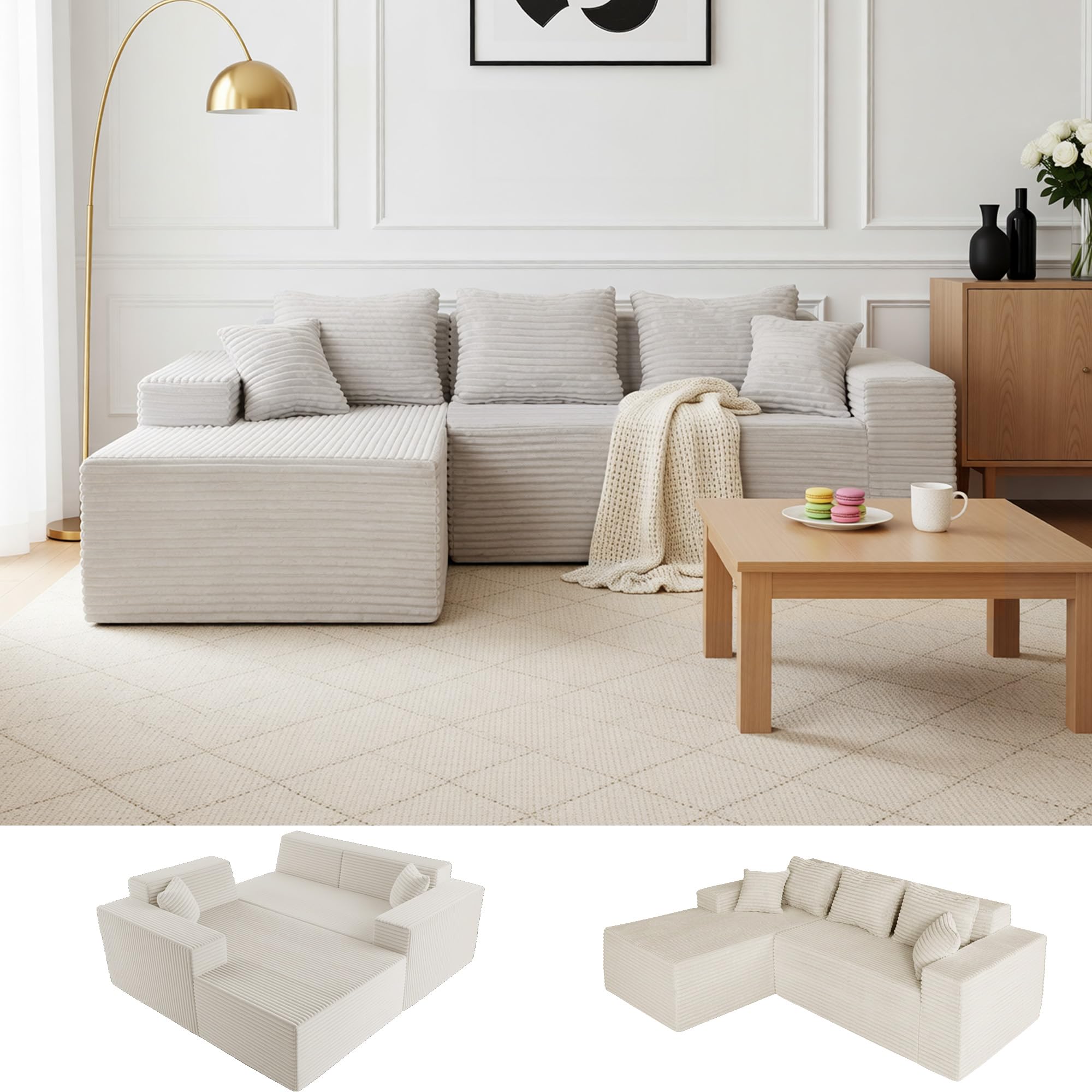 Claiks 110 Boneless Couch Cloud Couch Sectional L-Shape Corduroy Modular Sectional Sofa Deep Seat Upholstered Couches for Living