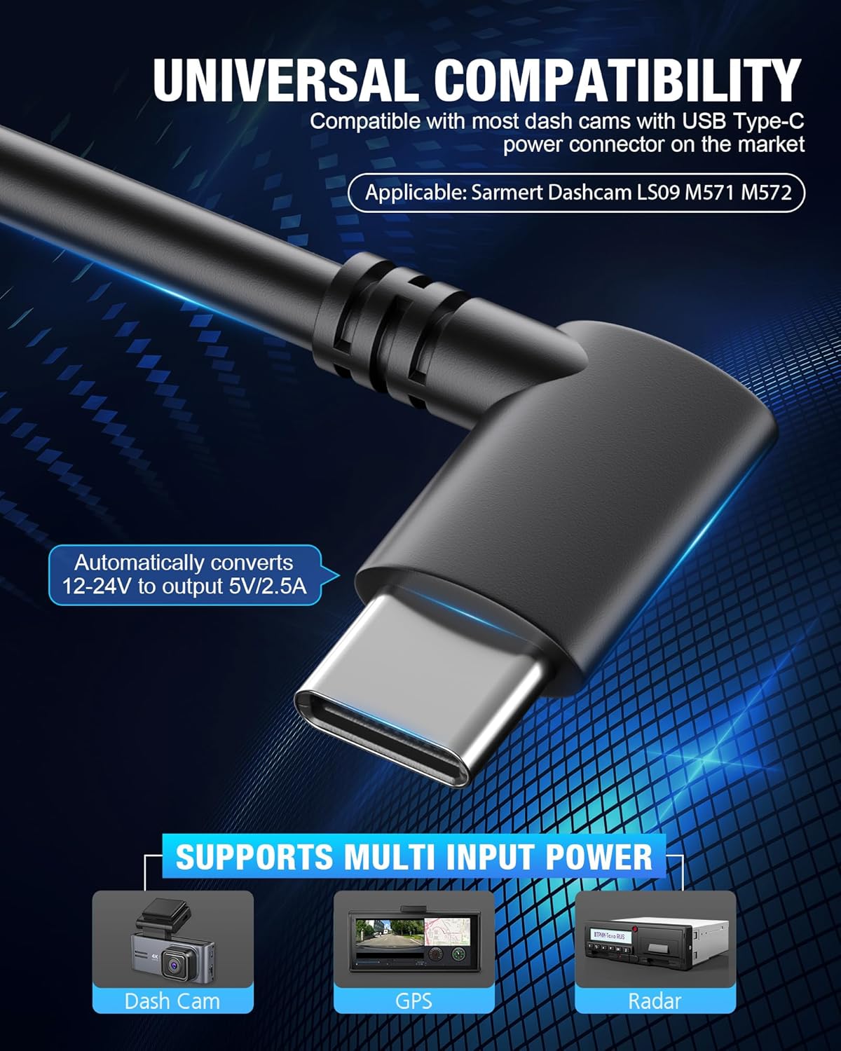 Diagram illustrating the universal compatibility of the hardwire kit with various USB-C devices like dash cams, GPS, and radar detectors.