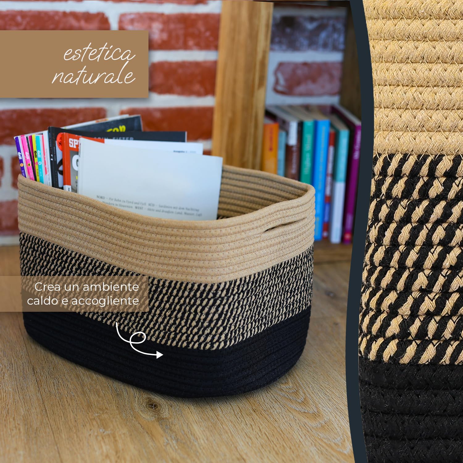 HMF - Cesto portaoggetti con maniglie nascoste, set di 3, cesto in cotone, dimensioni: 37,5 x 25 x 22,5 cm, colore: nero miele