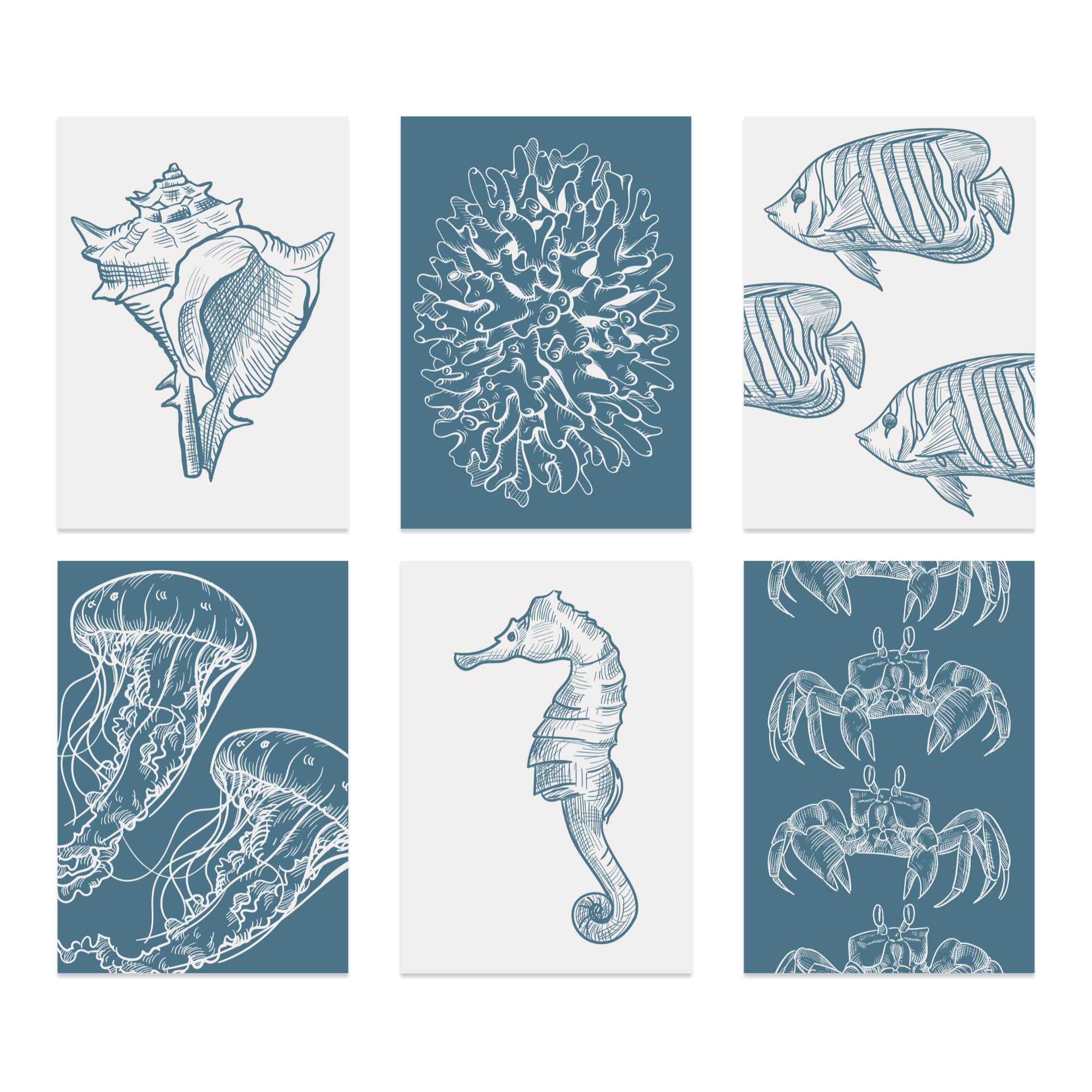 BlissPrintStudios Set of 6 Coastal Blue & White Marine Life Wall Art Prints – A3 Nautical Seahorse, Crab & Coral Gallery Wall Set – 250gsm Premium Paper – Unframed