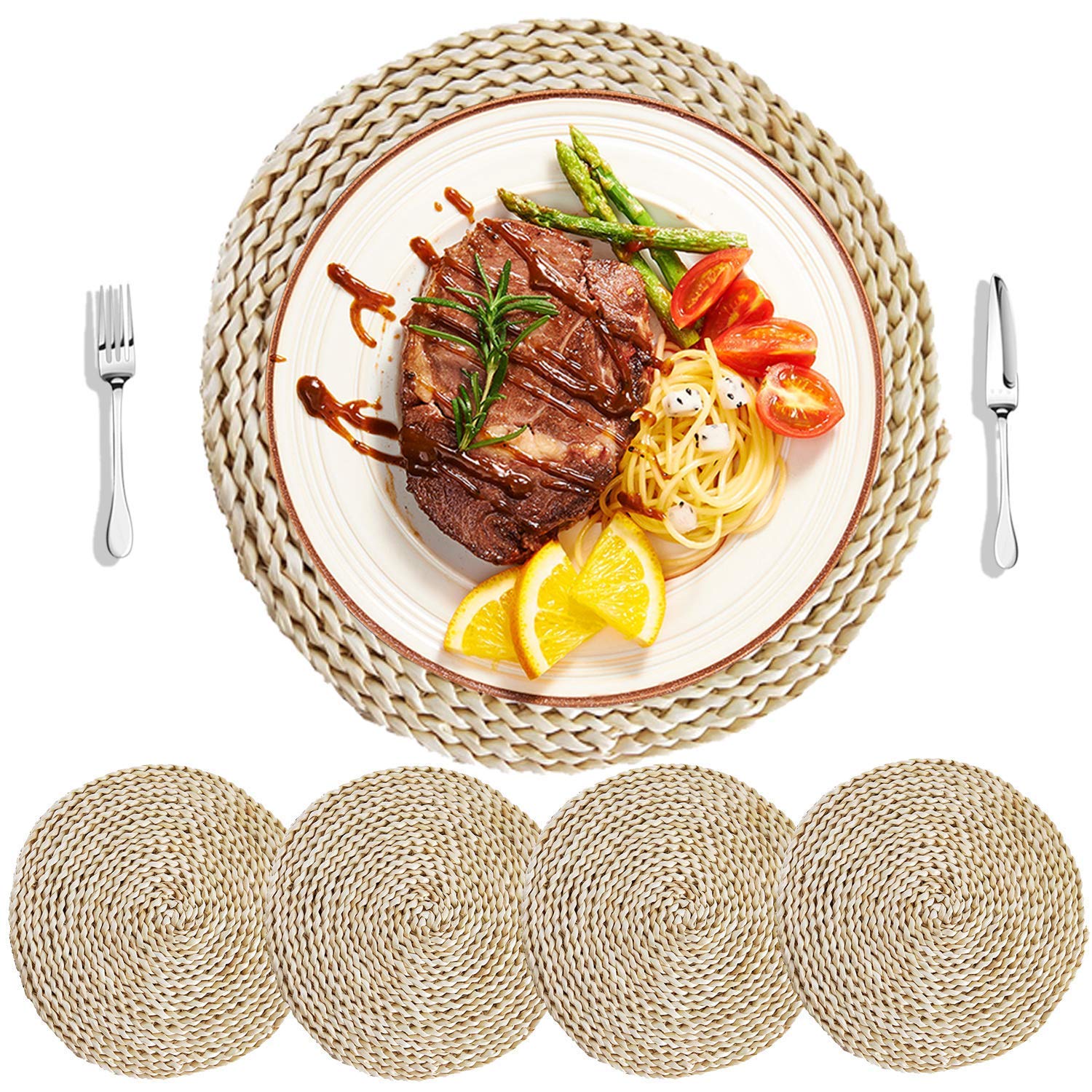 LUCKY-GO4Pcs Corn Straw Woven Placemats, Round Dining Table Mats, Natural Grass Weave Placemats Handmade Coaster mat Insulation Pad(4, Round Dia 11.8'') Round 11.8"