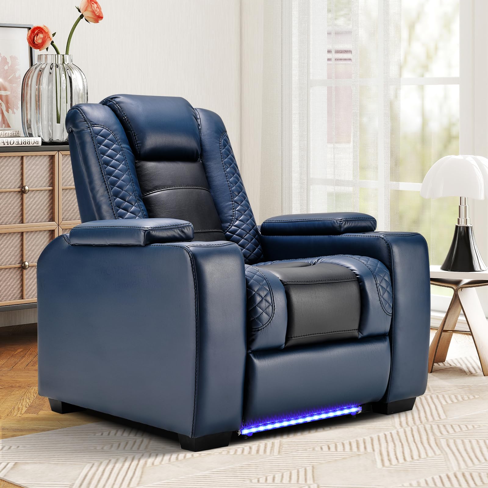 ANJ Power Home Theater Seating, PU Leather Electric Recliner Chair with Adjustable Headrest, Dual Motors Movie Reclining Chairs with LED Lights,USB