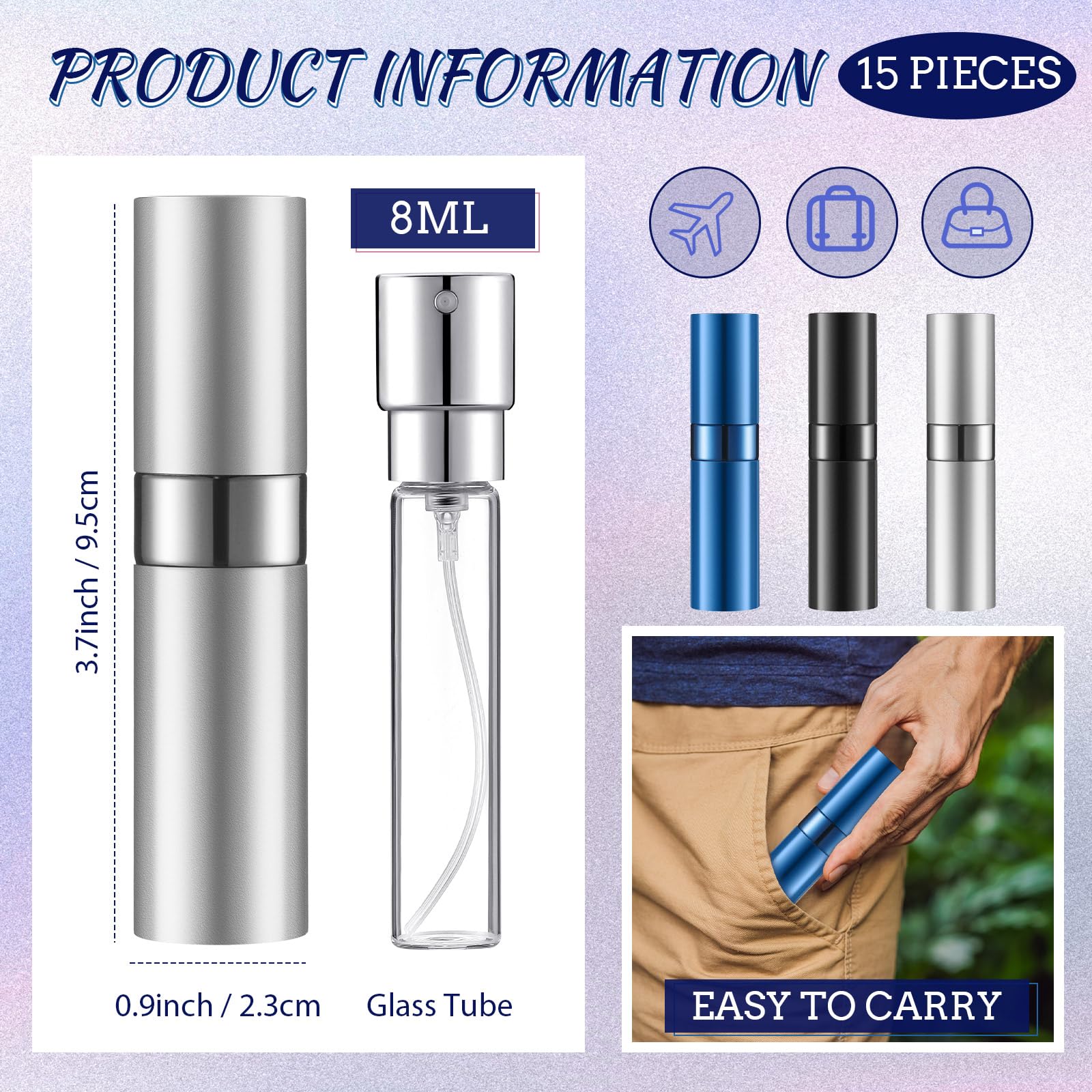 Remerry Lot de 15 atomiseurs de parfum rechargeables de 8 ml - Petit flacon pulvérisateur de parfum vide de voyage - Mini distributeur de parfum de poche avec 5 entonnoirs et 5 pompes - Outil de
