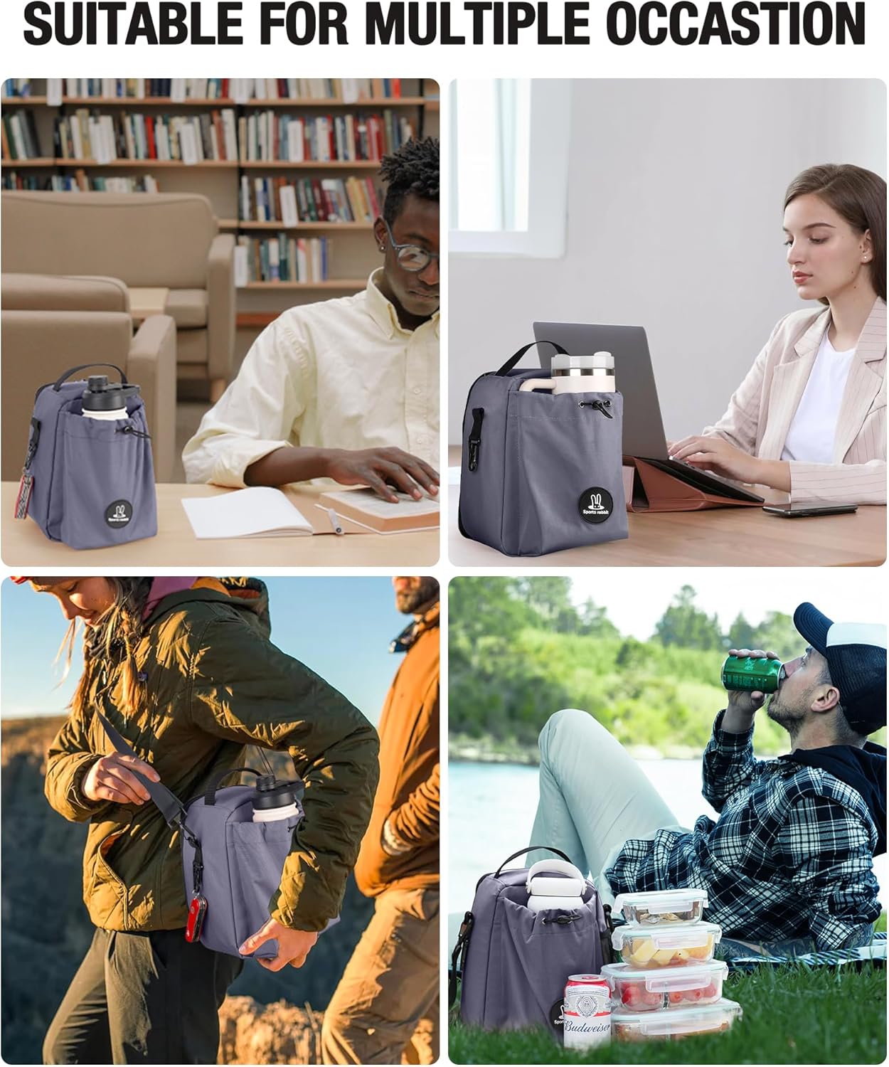 Sports rabbit Insulated Lunch Bag for Men – Front Pocket Compatible with 40/30OZ YETI Bottles – Leakproof Cooler Tote, Water-Resistant Wax-Coated Oxford – Perfect for Work, Travel, Picnics (Gray)