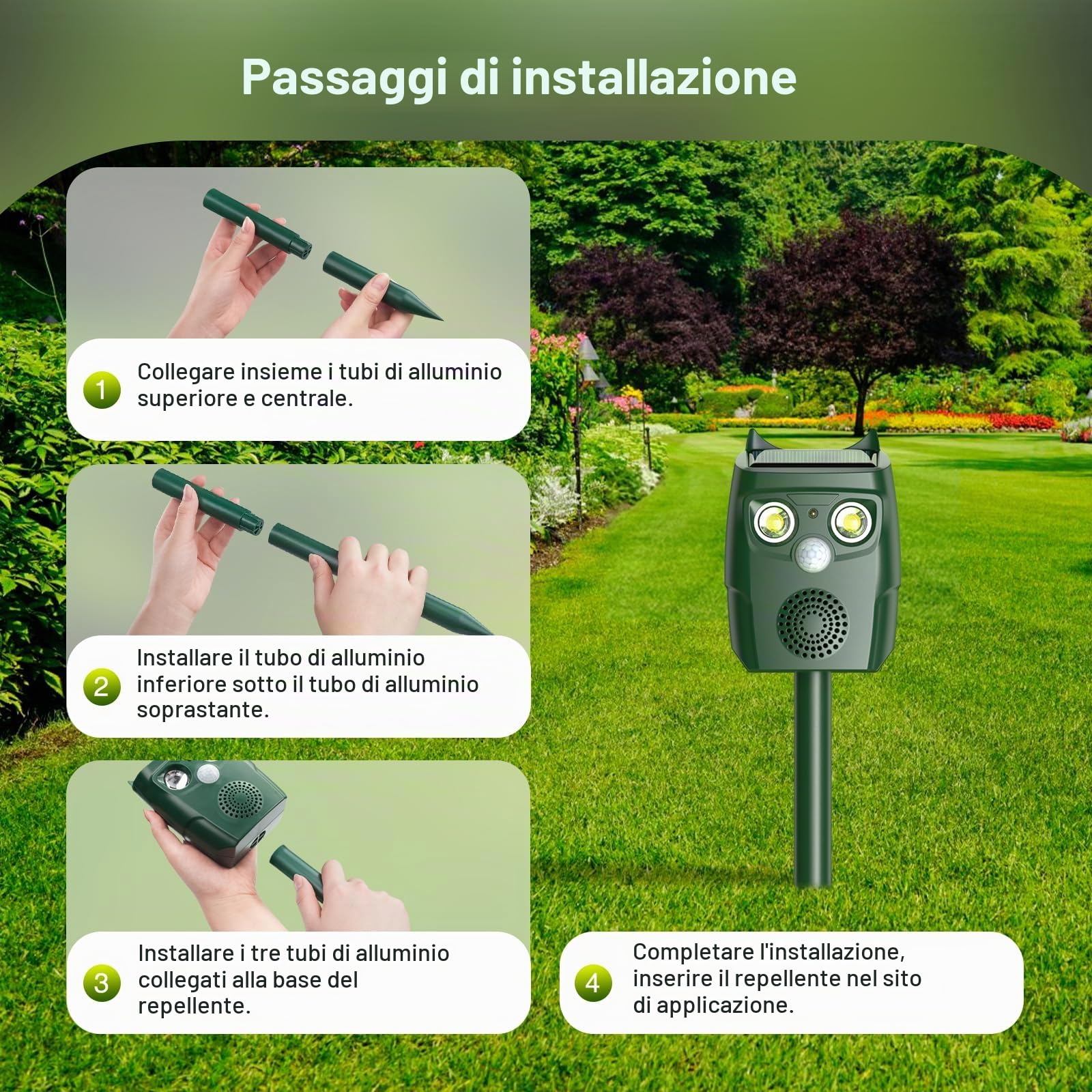 Dissuasori per Piccioni per Giardino, Repellente per Gatti a Ultrasuoni con sensore di movimento, 3 Modalità a Ultrasuoni e flash possono automaticamente, resistente alle intemperie, Solare