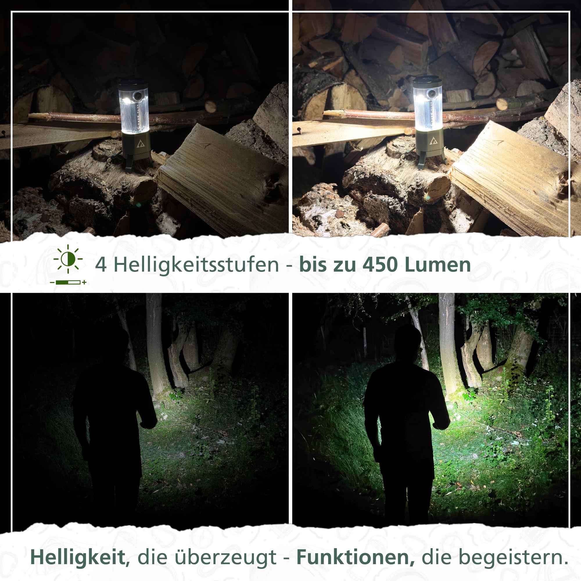Acta Berg Campinglampe LED 450 Lumen, mit 4000 mAh Akku (Olivegrau) | Bis 150h Laufzeit, IP44 wasserfest, Zeltlampe, Laterne & Taschenlampe, USB-C, als Powerbank nutzbar