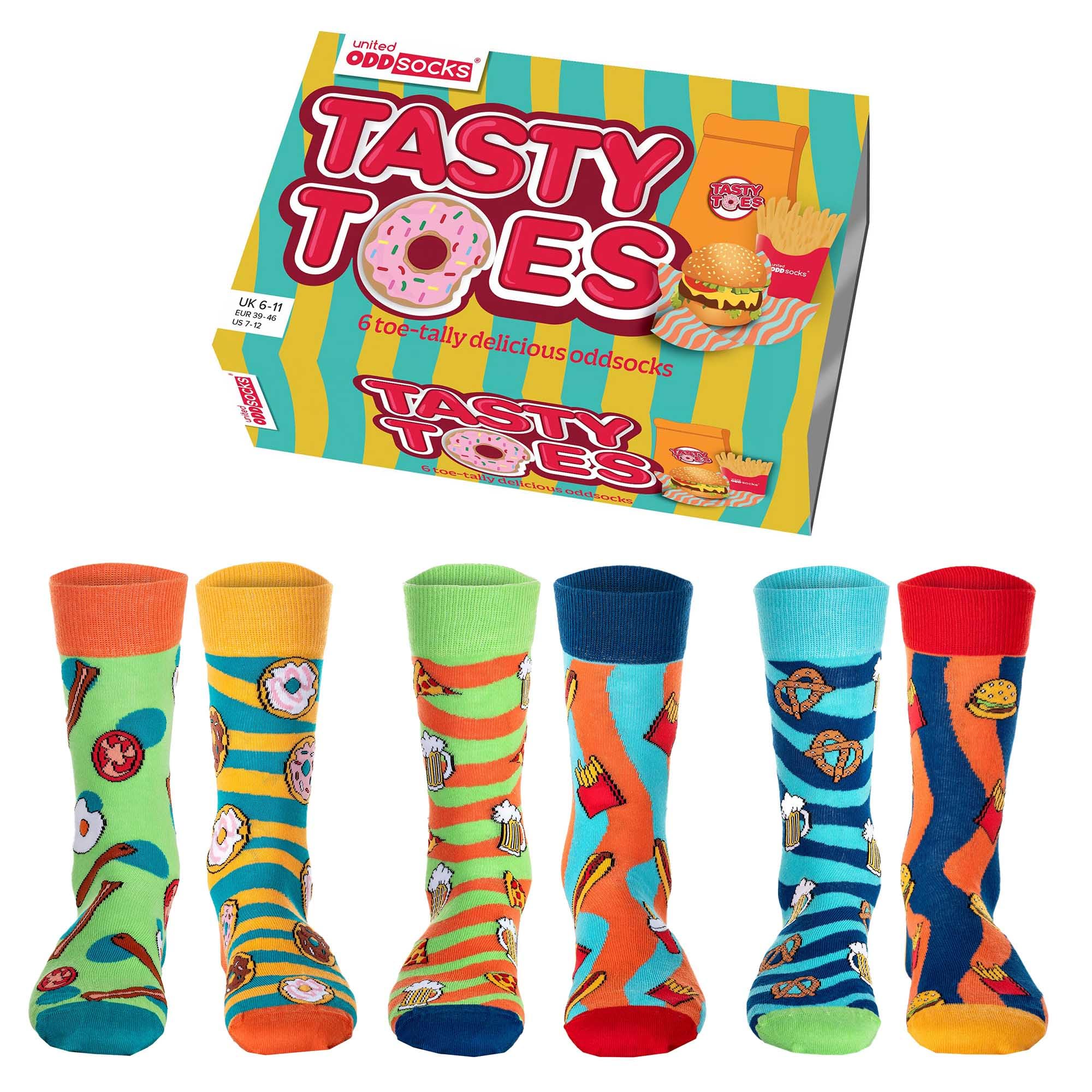 United Oddsocks Men's Socks - Pack of 6, Original & Colourful Food Motifs Tasty Toes, Tasty, 39-46
