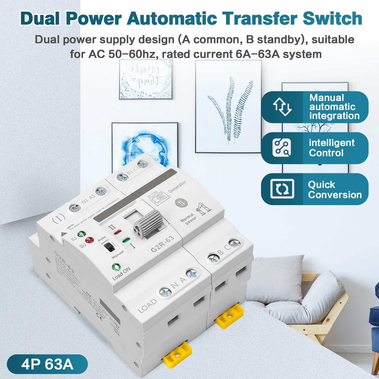 Jadeshay Dual Power Automatischer Transferschalter, ATS-Stromversorgungscontroller Unterbrechungsfreier Transferschalter G2R 4P 63A Automatischer Transferschalter Elektrische Wahlschalter 220V