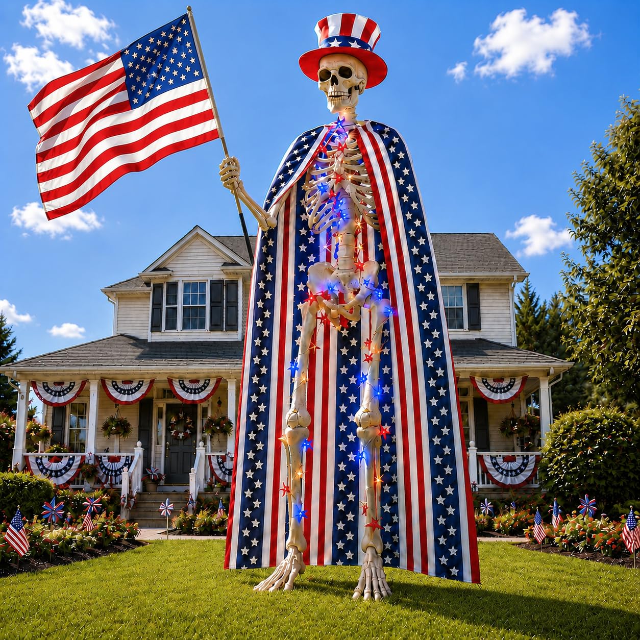4th of July Outfit for 12ft Skeleton, Patriotic Giant Skeleton Costume Set with USA Flag Cape, Hat & LED Light String, 250th Anniversary Independence Day Outdoor Lawn Decor, Skeletons Not Included