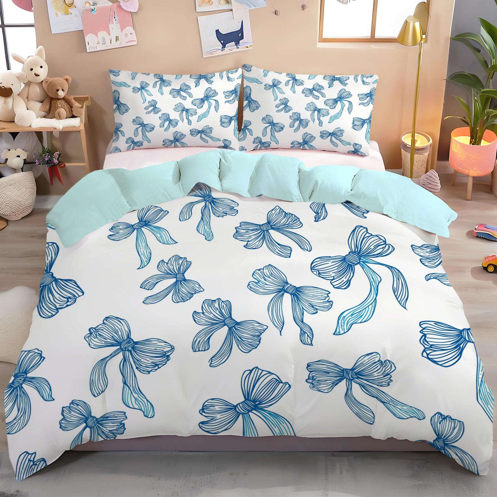 Completo Copripiumino 240X220Cmmatrimoniale, Set 3 Pezzi Con 2 Federe, Stampa Grazioso Fiocco Di Nastro, Microfibra Morbida Traspirante, Chiusura Con Cerniera, Linee Tracciate A Mano, Blu Bianco