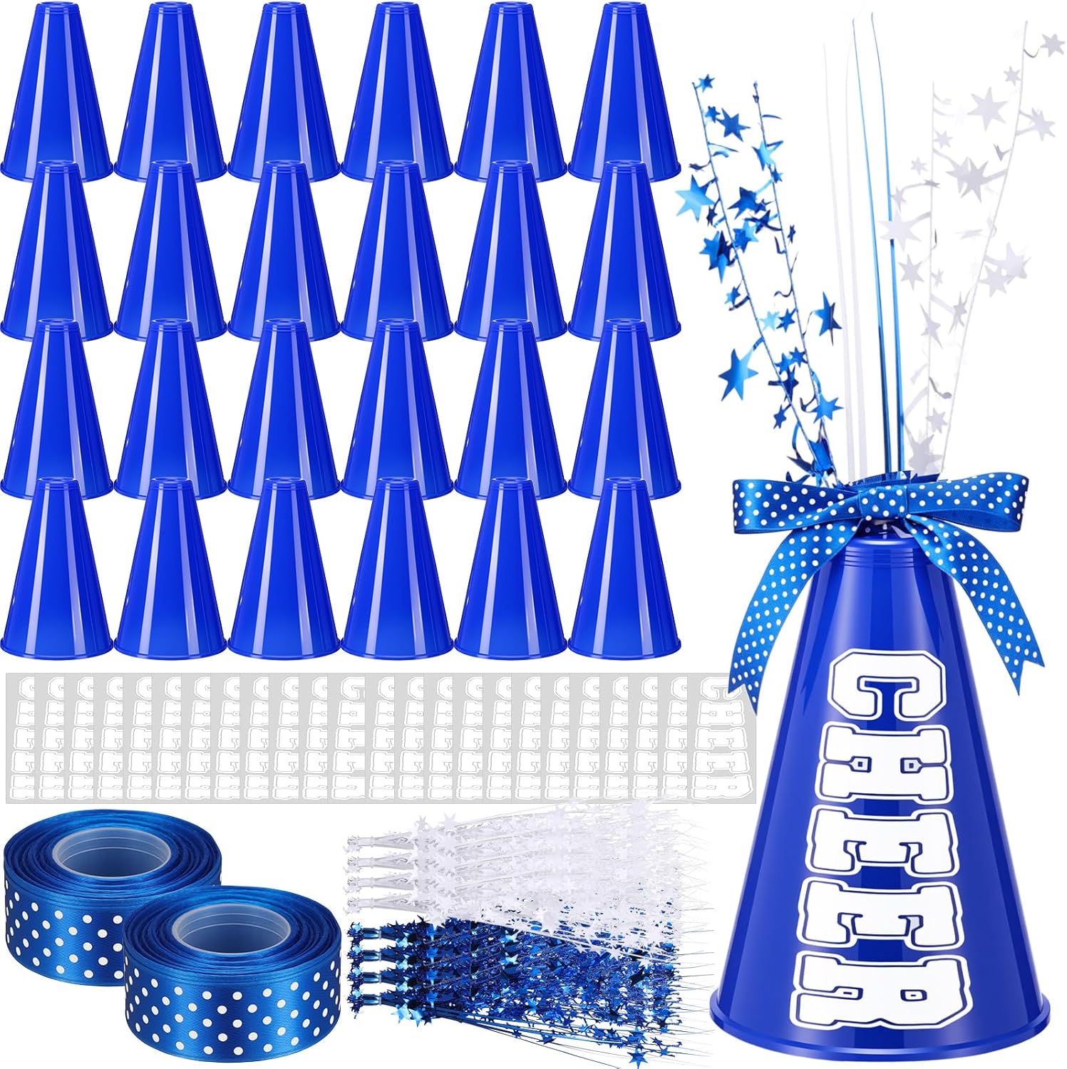 24 Pcs Blue Cheer Megaphone Bulk, Plastic DIY Megaphone Party Accessory, Cheerleading Centerpiece Decor for School Cheers Sports Match Game Outdoor Activities, Blue White Table Decor