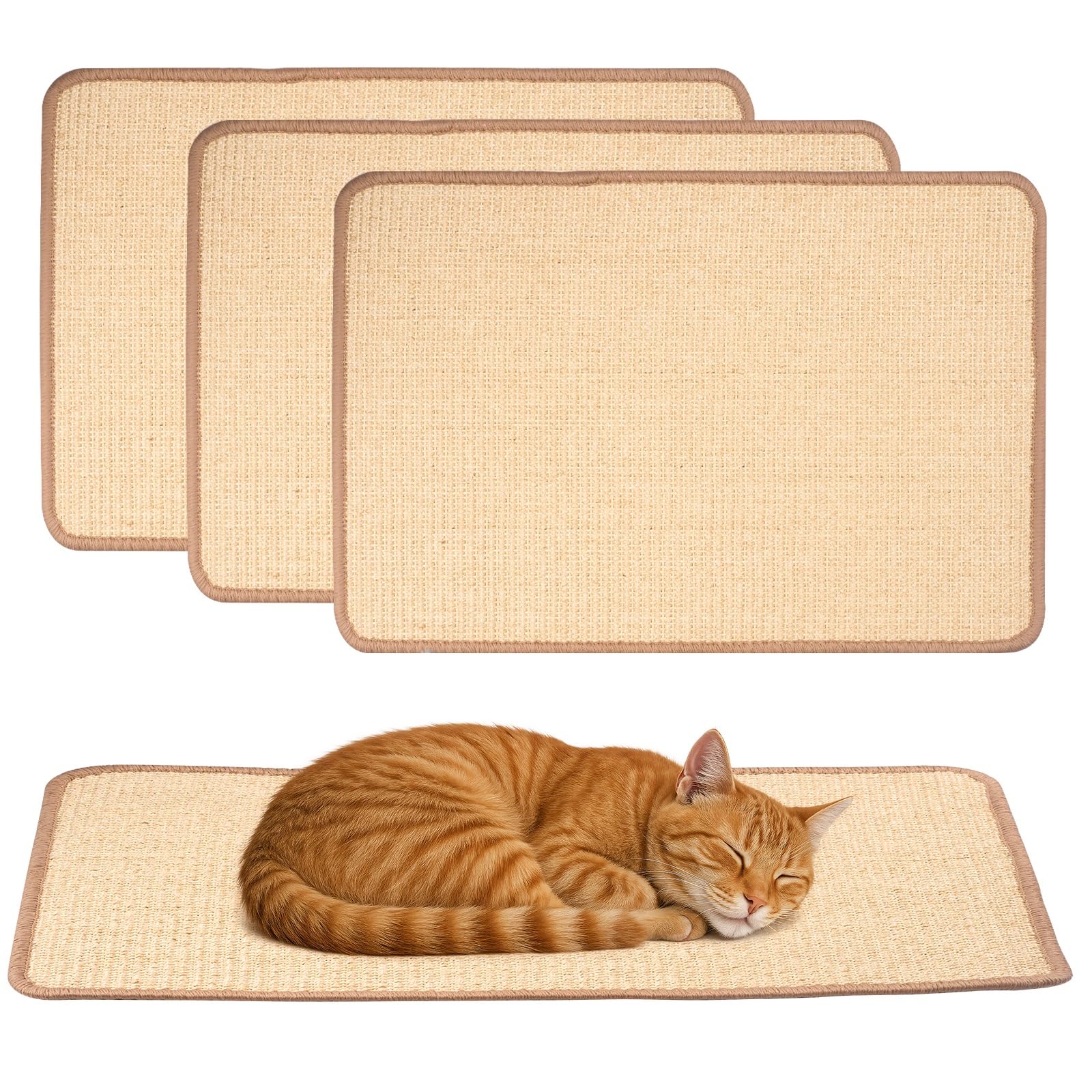 Unnosin 3 Pack Natural Sisal Cat Scratching Mat w/Anti-Slip Backing 60x40 cm Cat Floor Scratching Pad Scratcher Rug Durable Cats Furniture to Protect Sofas, Doors, Carpets and Walls
