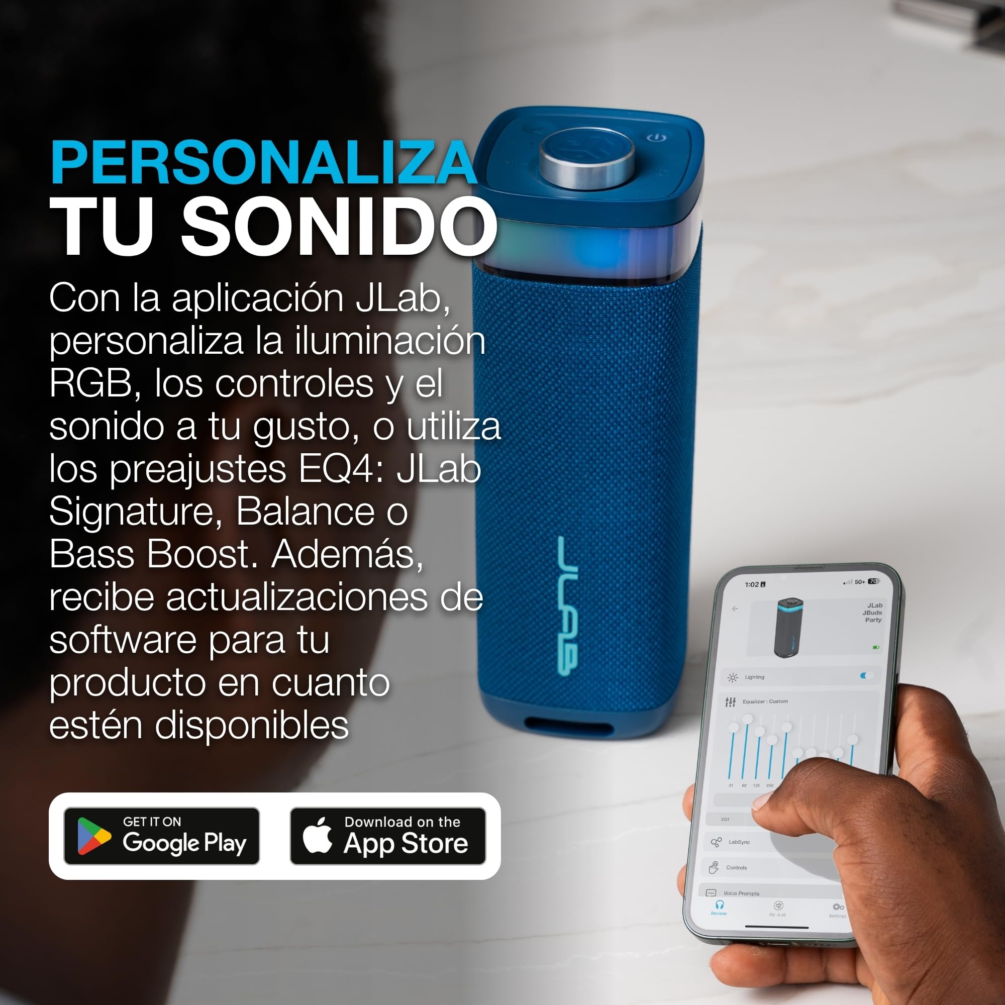 JLab JBuds Party Altavoz Bluetooth Portátil - 12H+, Azul Marino | Altavoz Inalámbrico 30W para Exteriores y Viajes con Luces RGB y Audio Potente, Resistente al Agua IP56