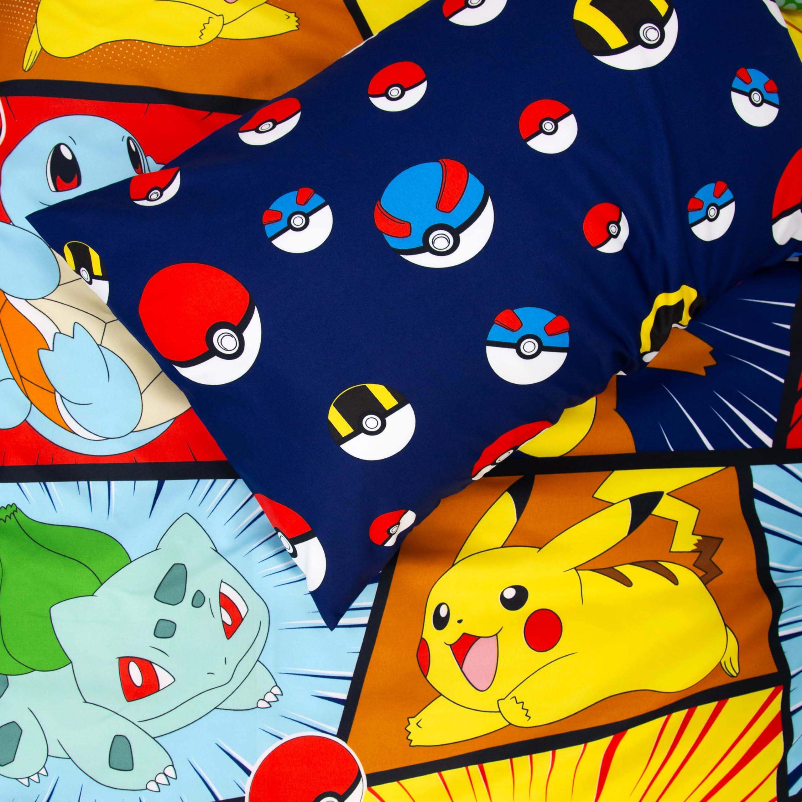 Set copripiumino singolo per bambini, con licenza ufficiale, motivo Pikachu, Bulbasaur, Charmander, Squirtle, reversibile, 2 lati, con federa coordinata, set per letto singolo per bambini