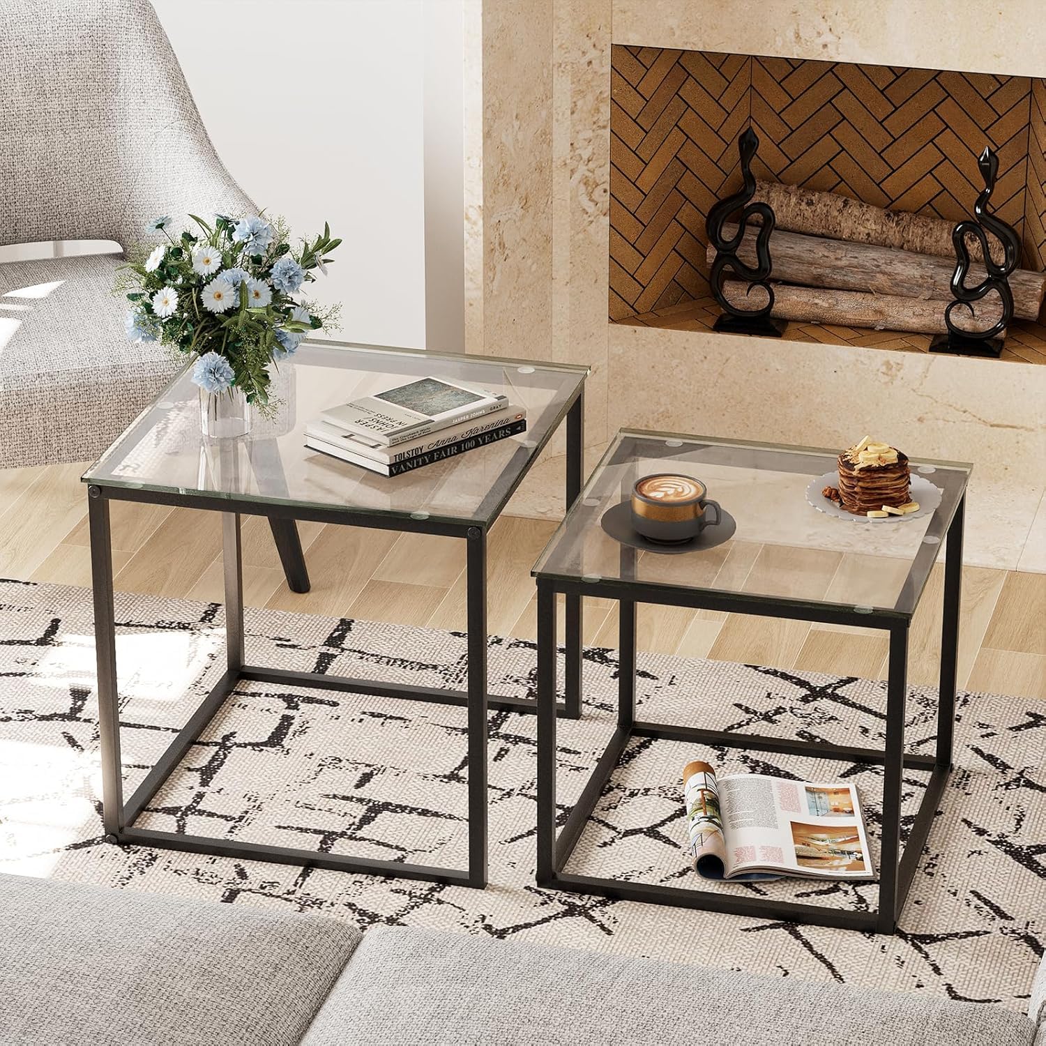 Juego de 2 mesas de centro cuadradas, salón moderno, mesa de café de cristal, auxiliar 50/45 cm, negro
