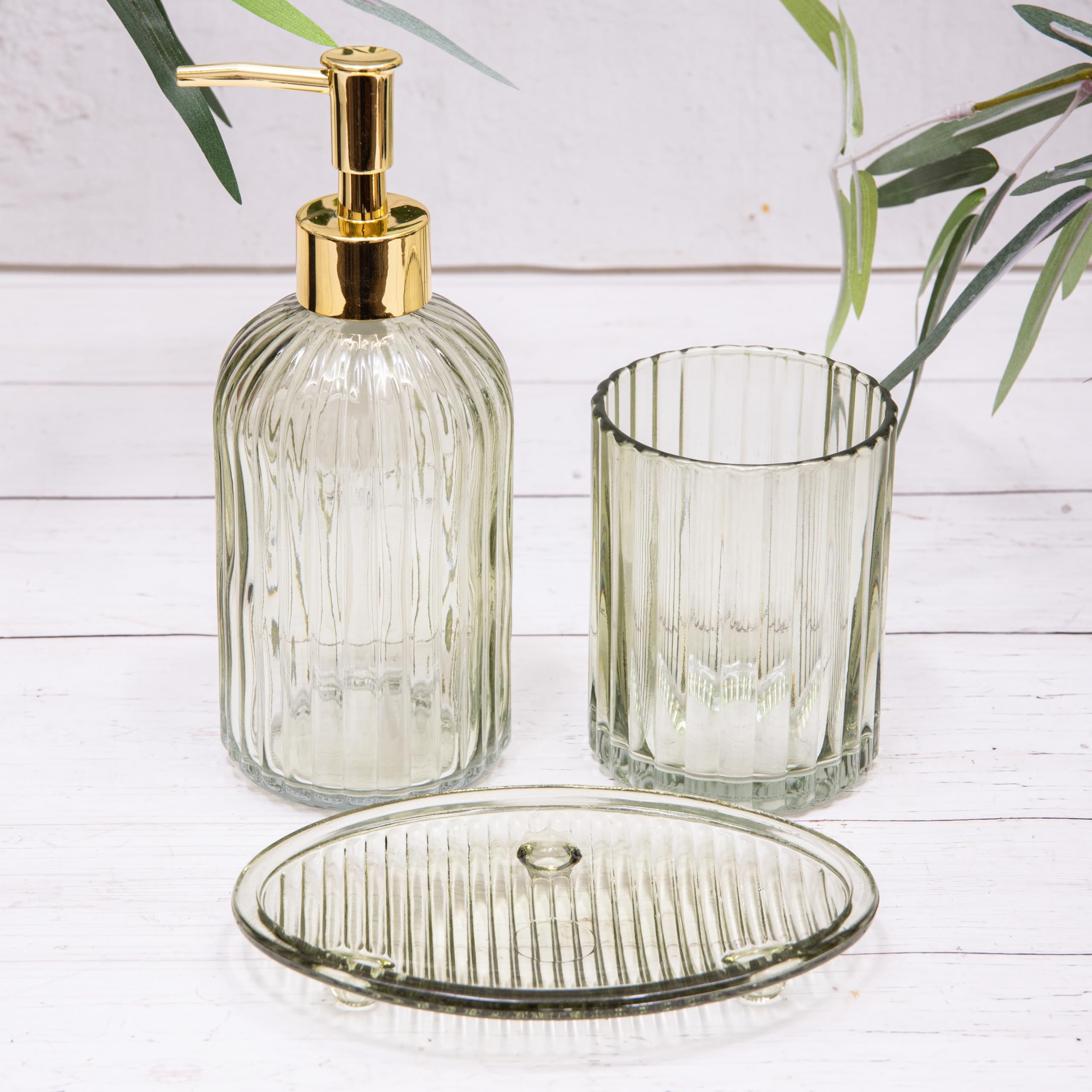 Ribbed Green & Brown Glass Refillable Soap Pump Dispensers, Dish & Toothbrush Holder Bathroom Accesorry 3 Piece Set (Green)
