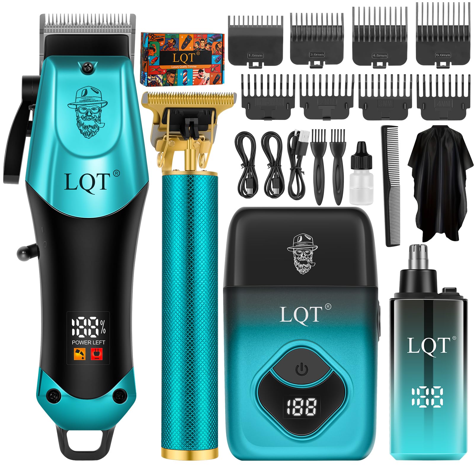 Hair Clippers for Men with LED Display, 4-Piece Cordless Grooming Kit with Hair Clipper, Beard Trimmer, Foil Shaver & Nose Trimmer, Complete Set for Home Barber Blue