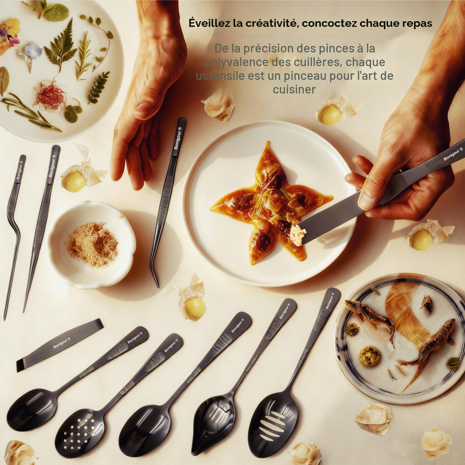 Ensemble d'outils de placage culinaire | Kit professionnel de 11 outils de placage de chef | Ustensiles de cuisine | Cuisine moderne | Acier inoxydable | Noir