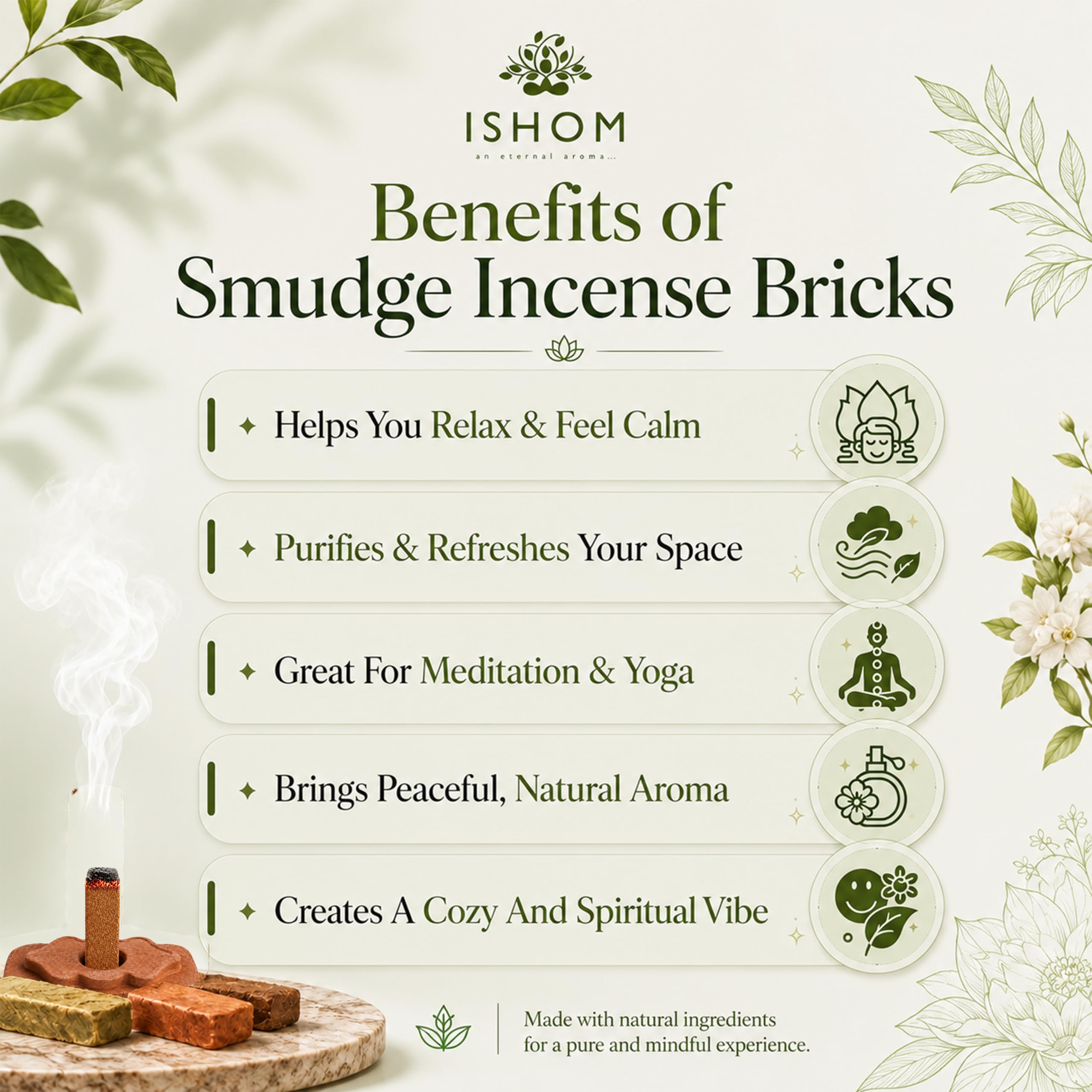 Smudge - Mattoncini di incenso naturali, confezione da 90 (6 fragranze assortite), Palo Santo, salvia bianca, patchouli, sandalo Oudh, ambra e rosa, mattoni di incenso atossici per meditazione e