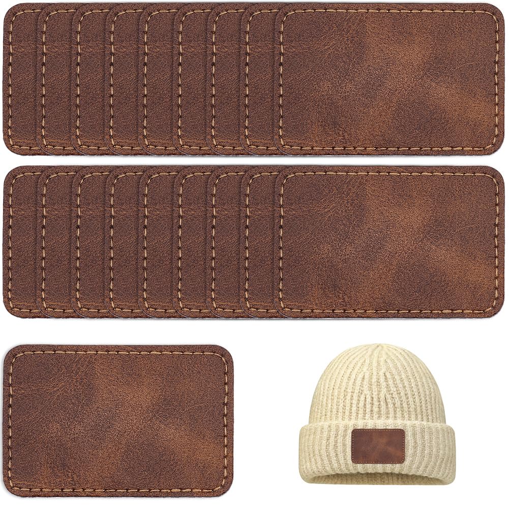 CALFOVERA 30Pcs Rectangle Leather Iron on Patch Brown Hat Adhesive Rustic Engraving Blank Sewing Repair PU Leather Patches for Hats DIY Custom Craft Laserable Engravable Jackets Jeans
