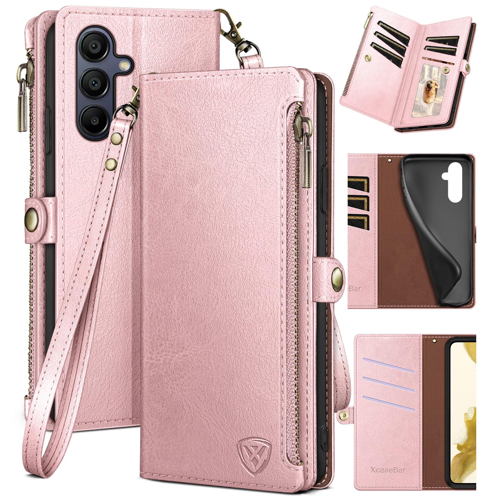 XcaseBar for Samsung Galaxy A15 5G Wallet case with Zipper Credit Card Holder RFID Blocking,Flip Folio Book PU Leather Shockproof Protective Cover