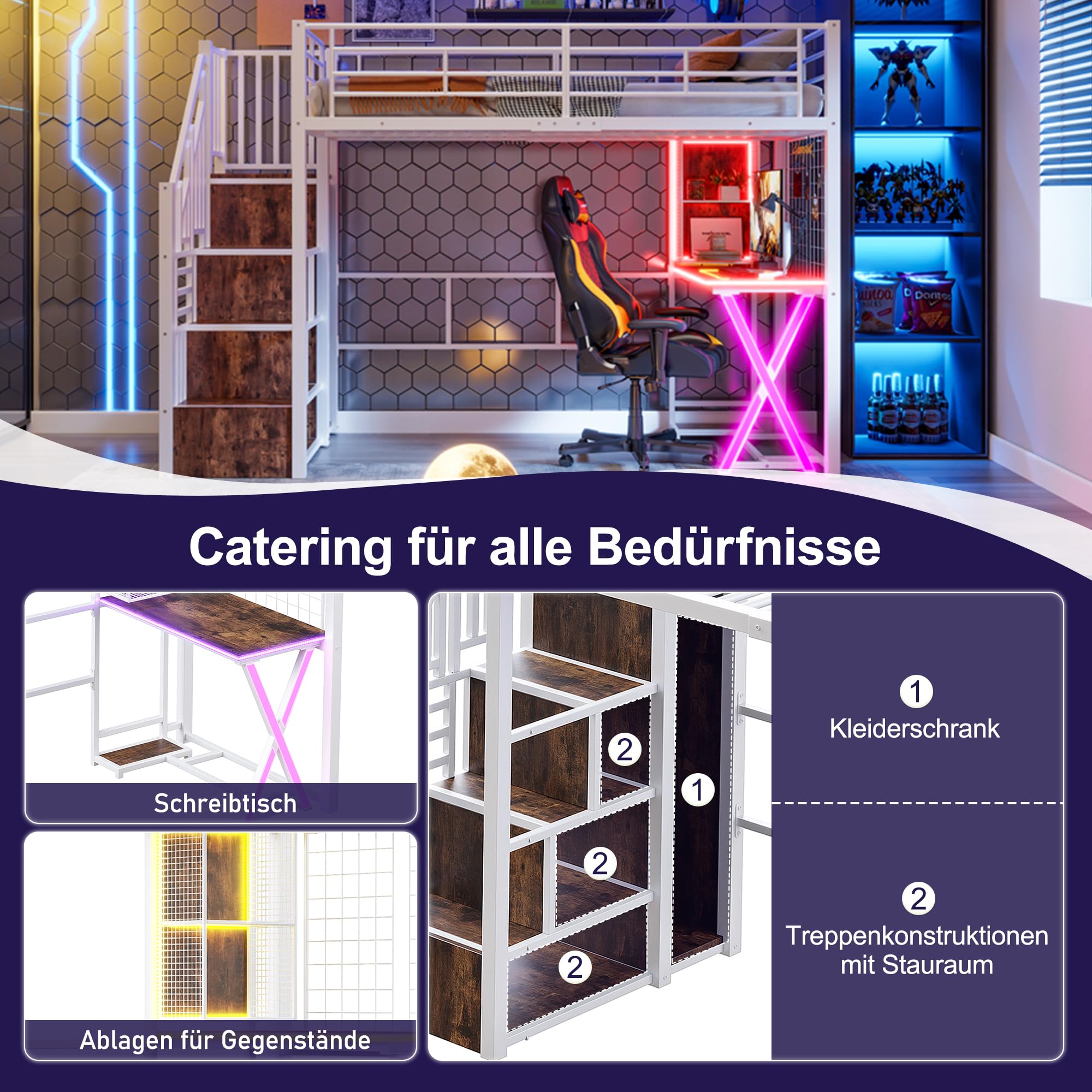 Hochbett, 90x200, Mit LED-Leuchten, Ablageleiter, Schreibtisch, Kleiderschrank, Regale, ohne Matratze, Weiß