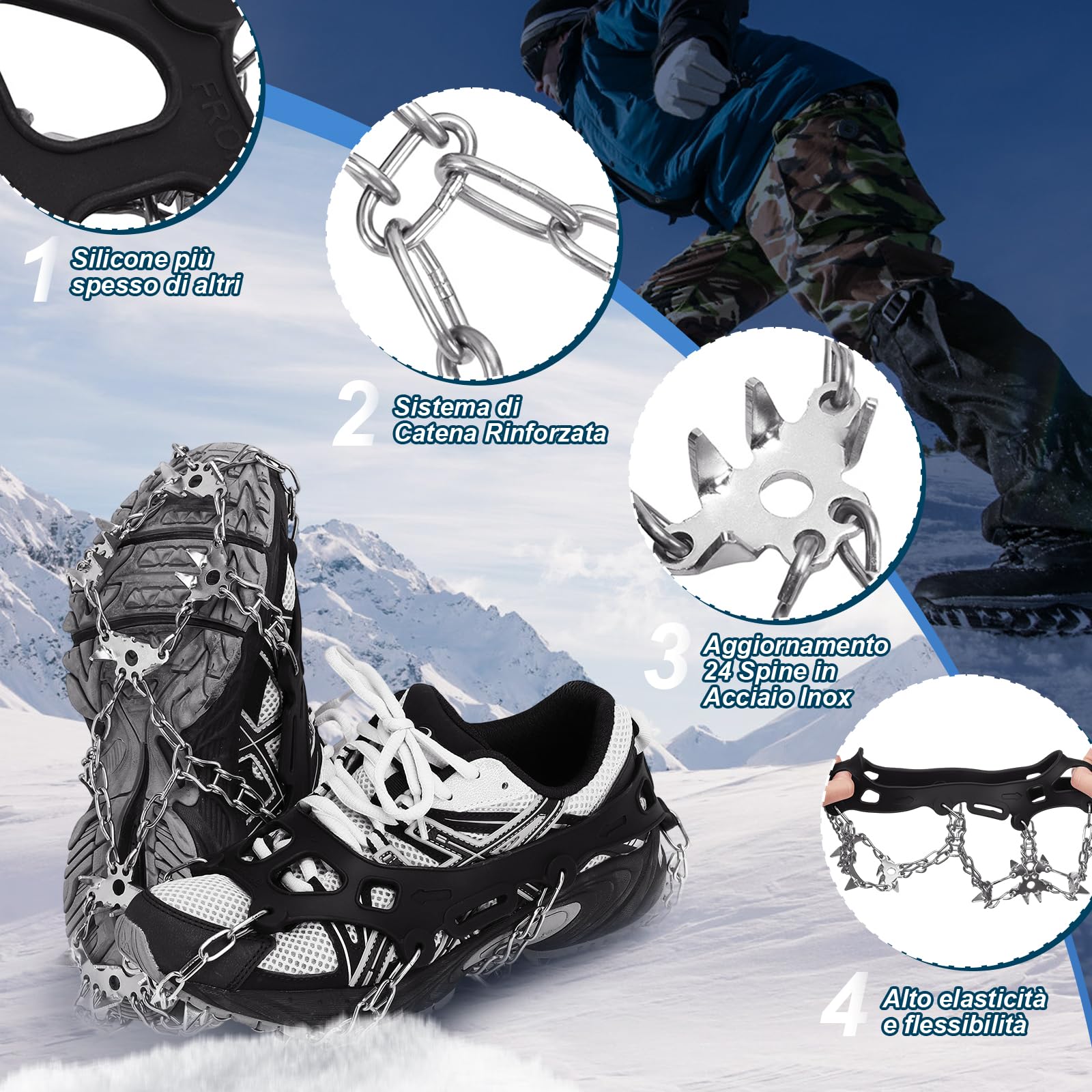 TOMSHOO Ramponi per Scarponi, 32 Denti Ramponi da Ghiaccio Catene in Acciaio Inossidabile con Cinghie, Ice Tacchetti Universali Trazione per Neve Ghiaccio Moutaineering Escursionismo