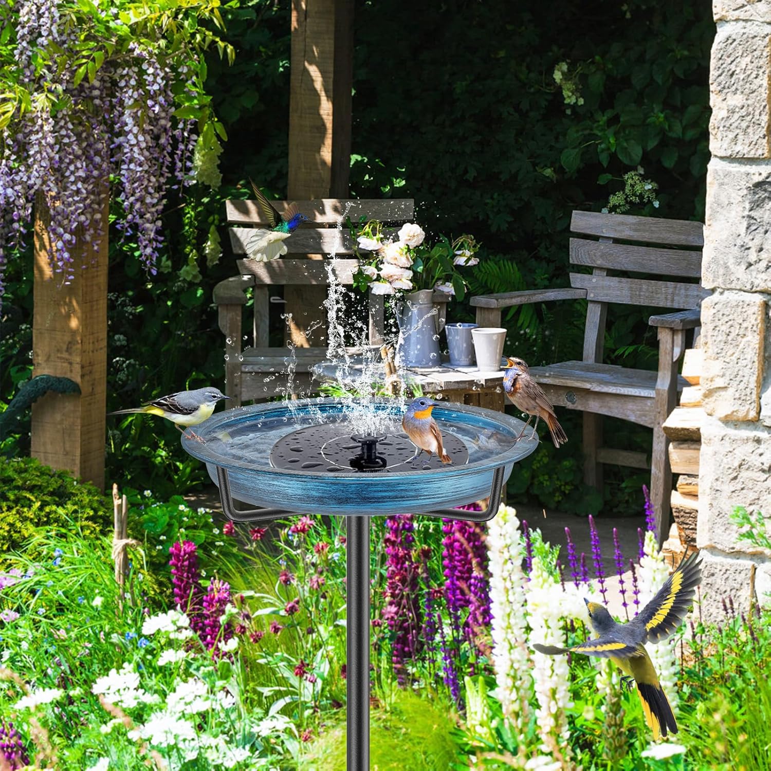 Metal Bird Baths for Outdoors, Detachable Birdbaths for The Garden Clearance, Heavy Duty Freestanding Bird Baths, Bird Bath Bowl Spa & Birdfeeder with Metal Stake Stand (Retro Blue)