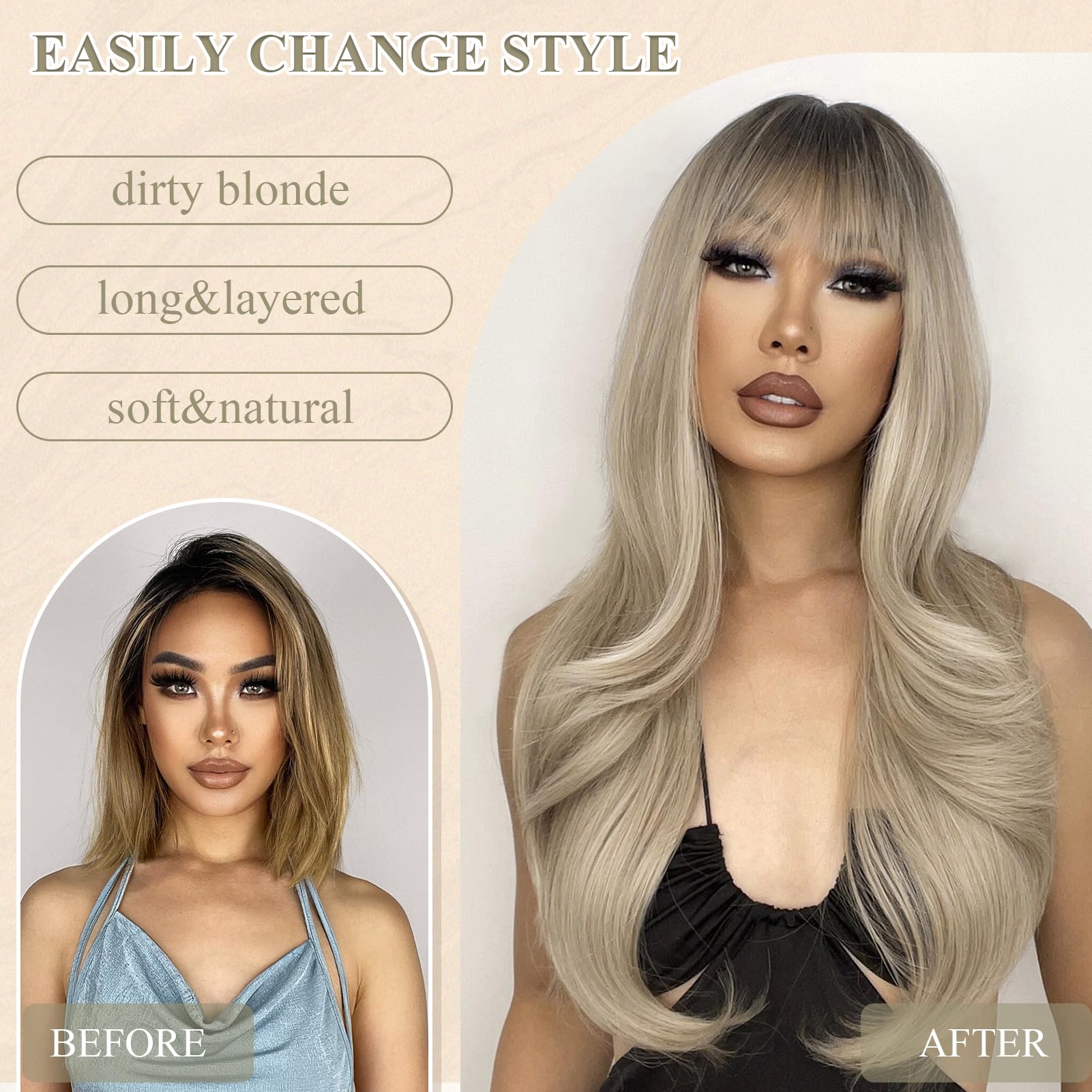 Wig Long Blonde Ombre layers I GO N&Out Of Stock KOME Ombre Blonde Synthetic Lace Front Wig, T Part Glueless  main image 4