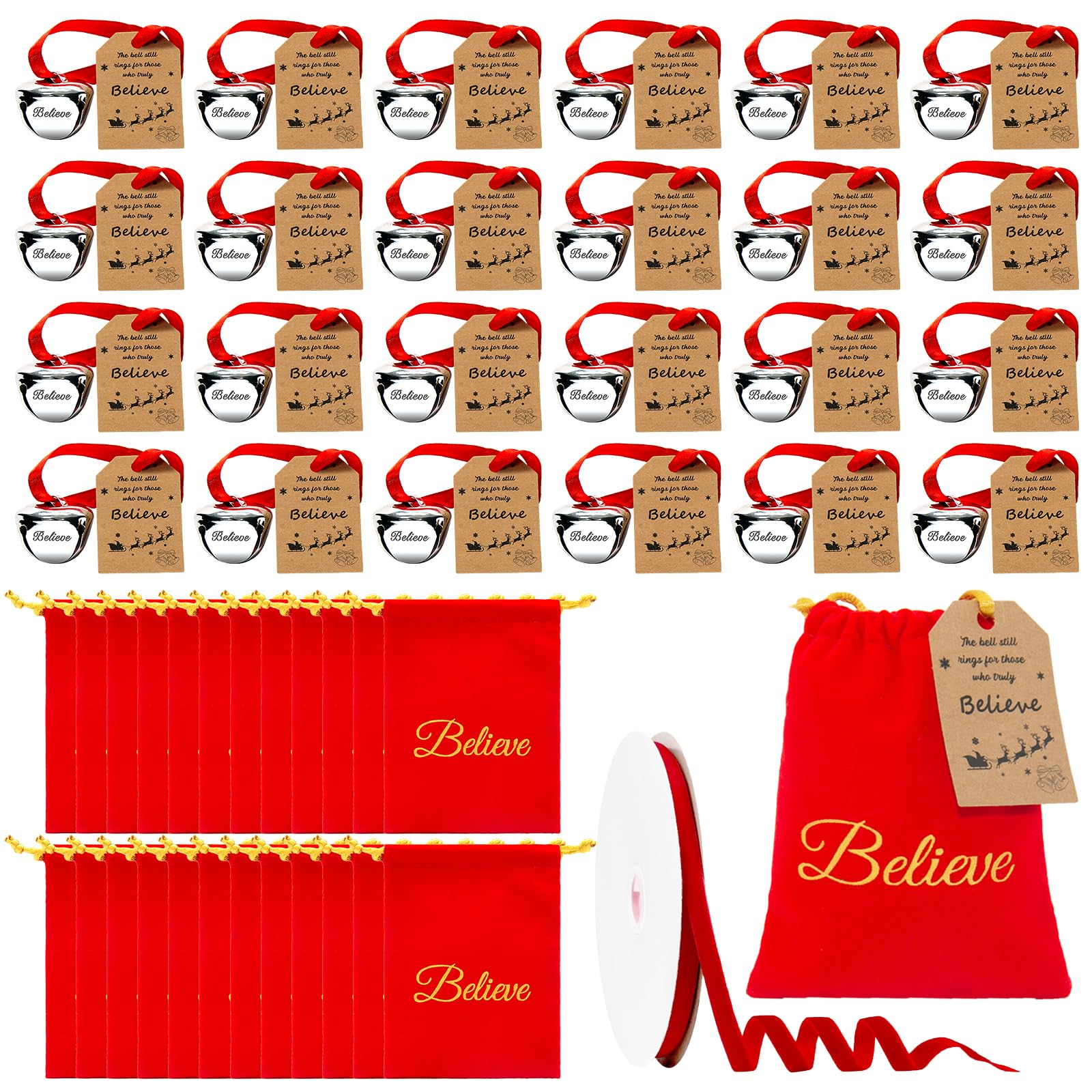 24 Sets Christmas Believe Bells Polar Express Bell Bulk Santa Gifts Reindeer Bell Ornaments with Velvet Bag,Believe Tags and Ribbon,Christmas Favors for Adults Christmas Tree Home Decor Keepsake