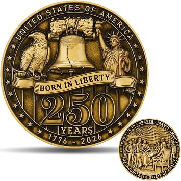 2026 USA 250th Anniversary Challenge Coin 1776-2026 Born in Liberty, The Indomitable Spirit of America | Golden Finish 3D Zinc Alloy Commemorative Coin for Patriotic Collectors & Veterans