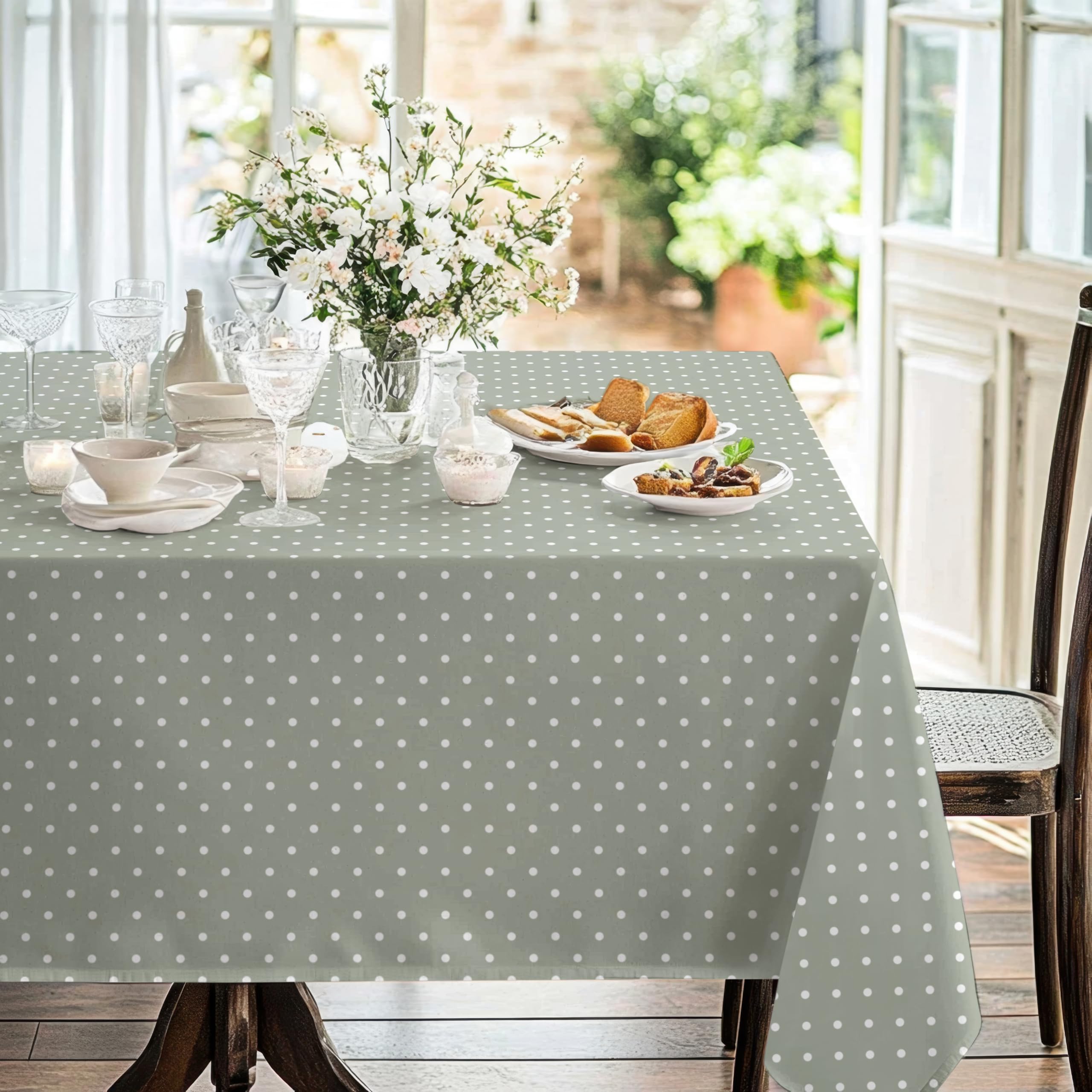 Home Direct Hule, Mantel Mesa Antimanchas, Mantel Mesa Comedor y Mesa Cocina PVC Antimanchas Impermeable, Lunares pequeños Rectangular 140 x 240cm Verde Salvia