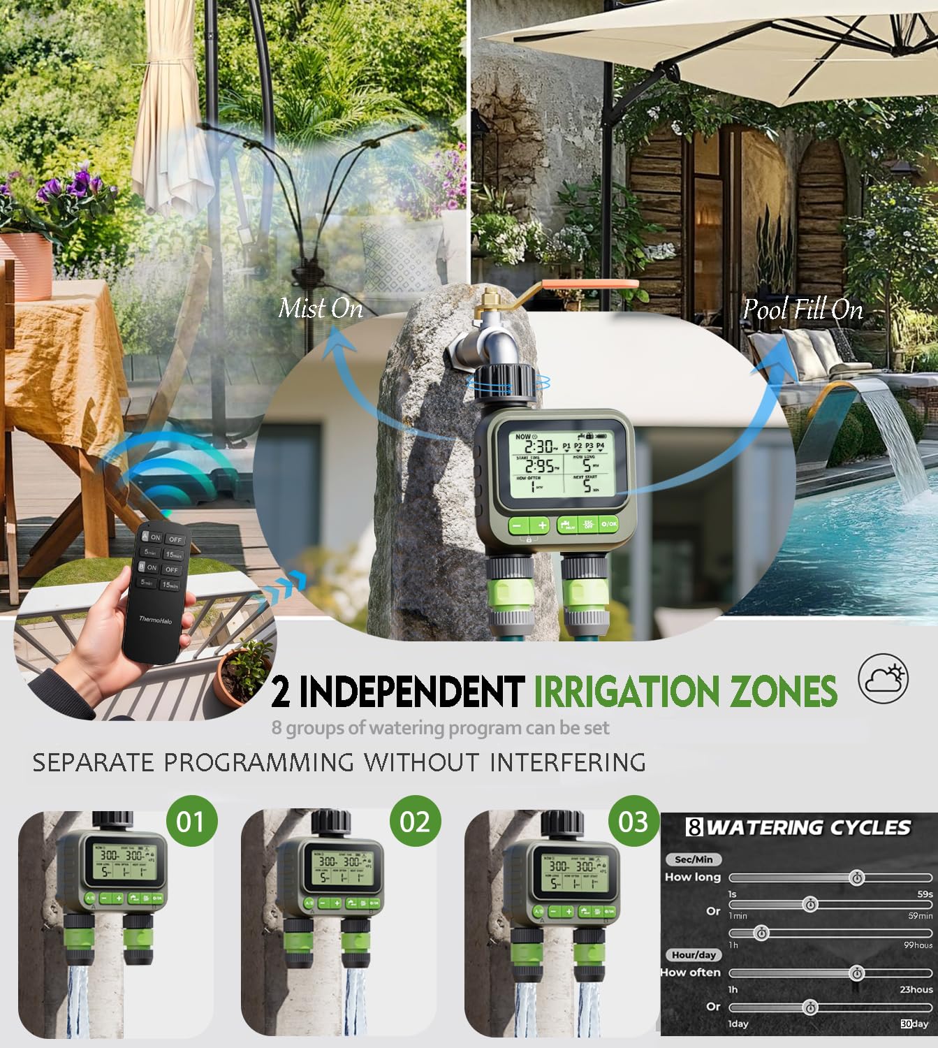 Timer intelligente per tubi da giardino, irrigazione digitale a 2 zone, impermeabile, sistema di irrigazione automatica per prati e cortili (doppio)
