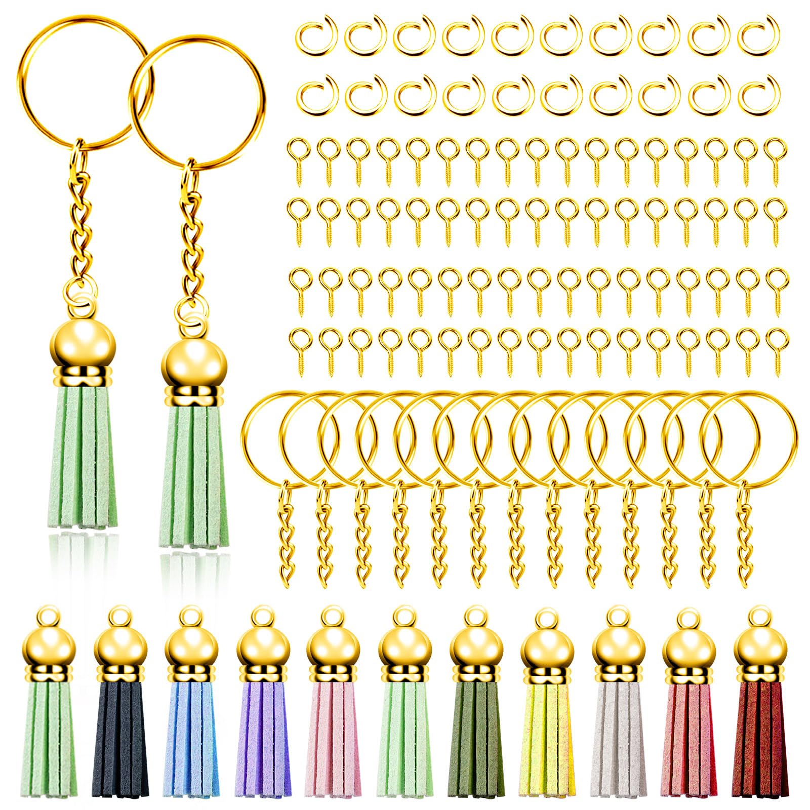Swpeet 200Pcs Gold Keychain Tassles Kit, Bulk Keychain Rings Set, Key Chain Rings Bulk, Include 50Pcs Keychain Rings, 50Pcs Keychain Tassles, 50 Pieces Jump Rings and 50 Pieces Screw Eye Pins — image 1
